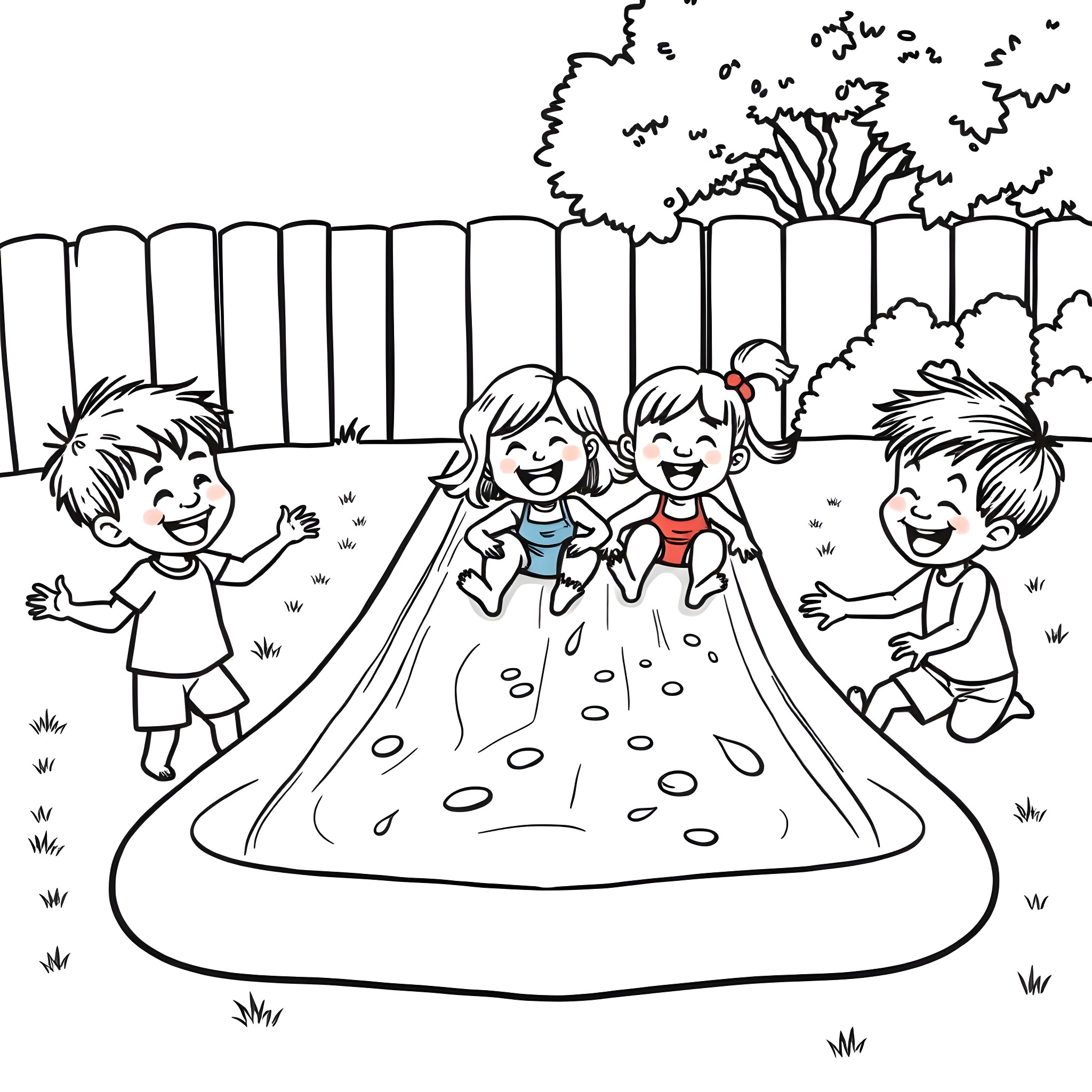 Children playing joyfully on a slide in the park Coloring Page (free black-and-white line drawing printable PDF for all, from beginners to advanced learners, including children, teens, adults, and seniors)