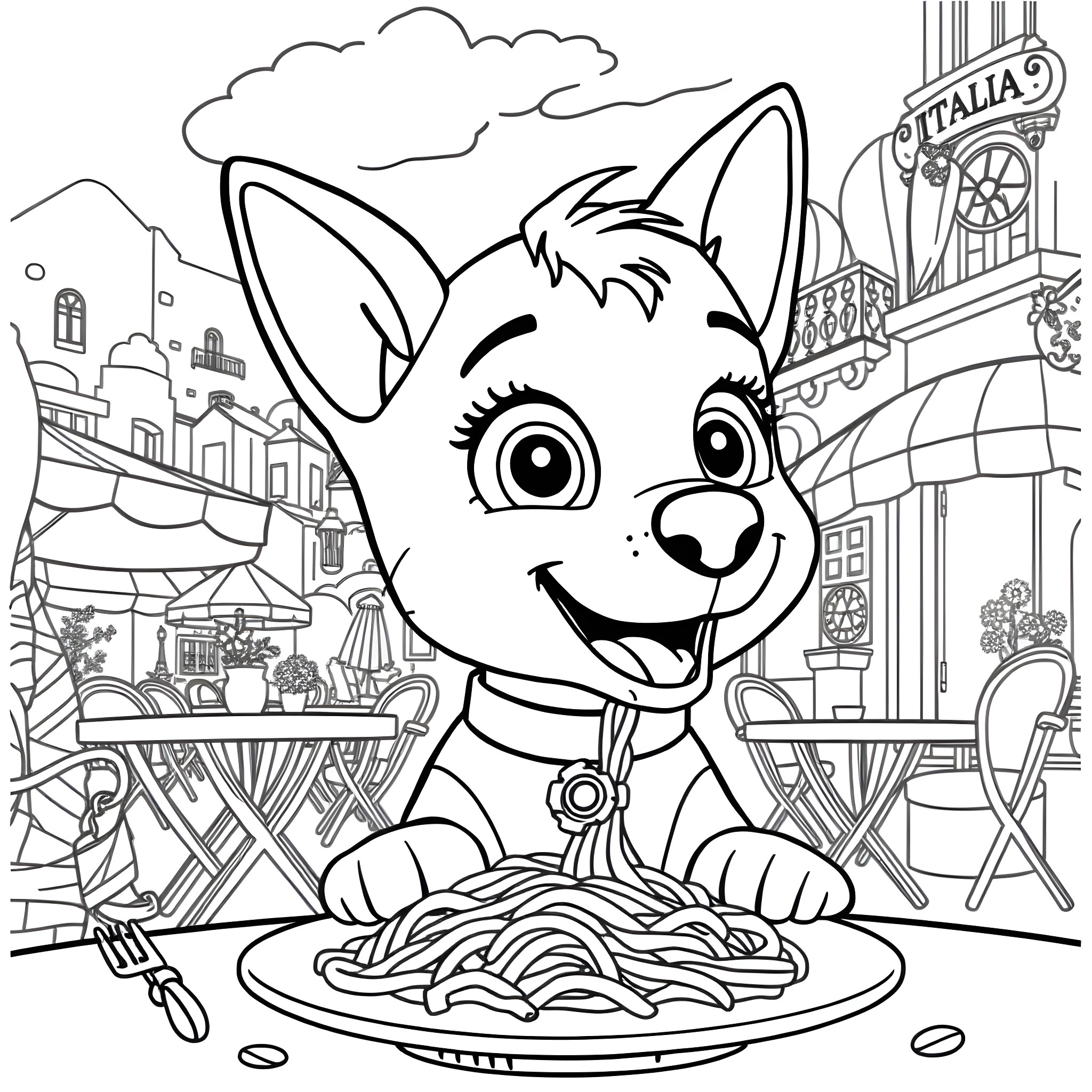 Skye Enjoys Italian Cuisine in the Colorful Town Coloring Page (free black-and-white line drawing printable PDF for all, from beginners to advanced learners, including children, teens, adults, and seniors)