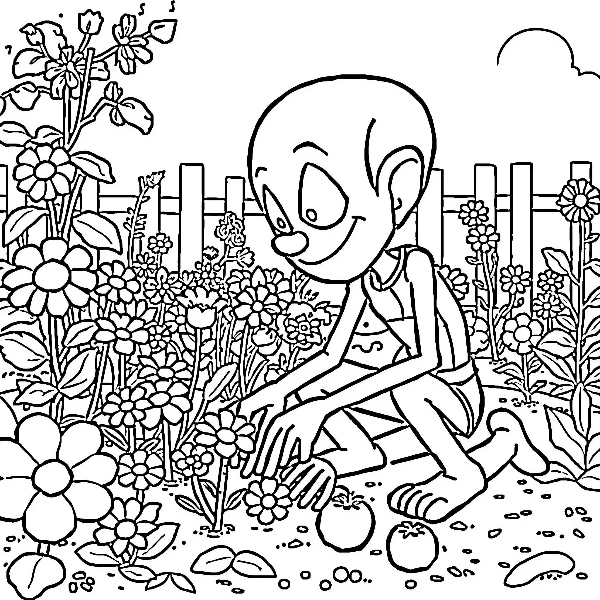 Megamind exploring a vibrant floral landscape Coloring Page (free black-and-white line drawing printable PDF for all, from beginners to advanced learners, including children, teens, adults, and seniors)