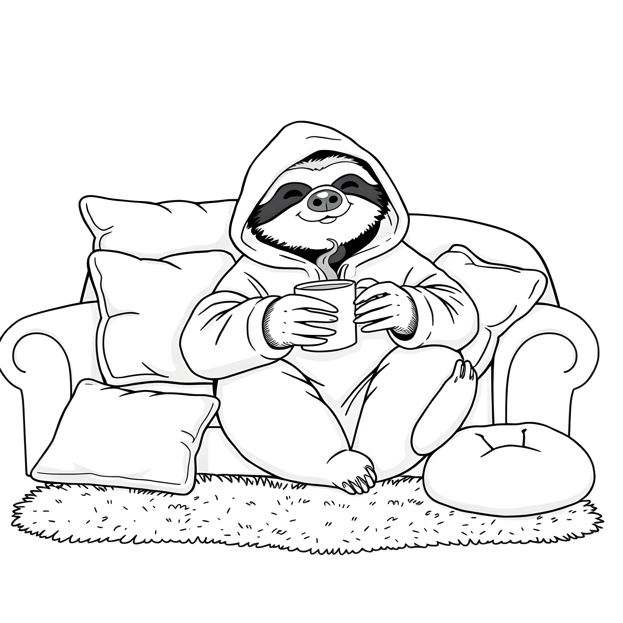 Sloth relaxing on the couch with a warm drink Coloring Page (free black-and-white line drawing printable PDF for all, from beginners to advanced learners, including children, teens, adults, and seniors)