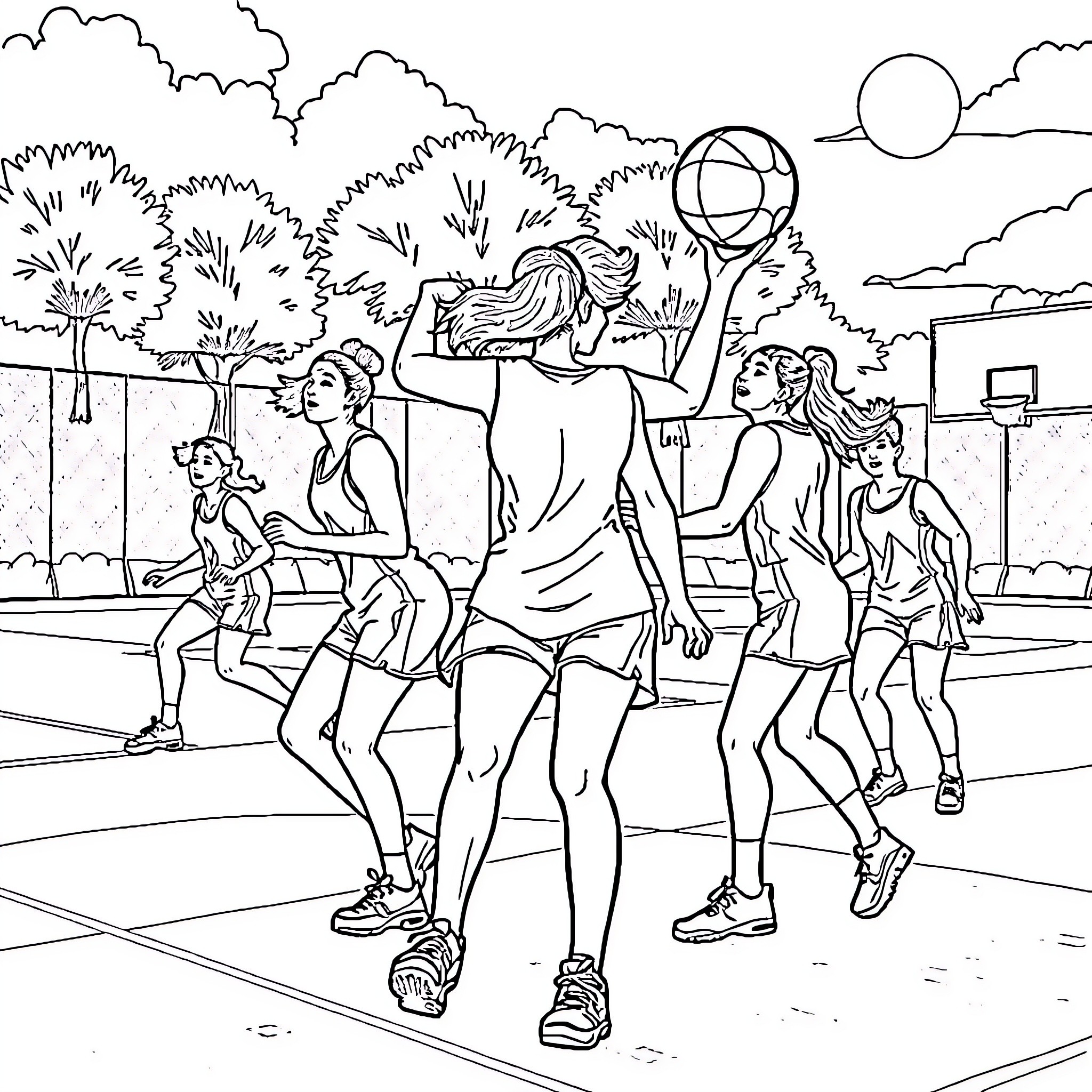 Rose and Friends Playing Basketball on the Court Coloring Page (free black-and-white line drawing printable PDF for all, from beginners to advanced learners, including children, teens, adults, and seniors)