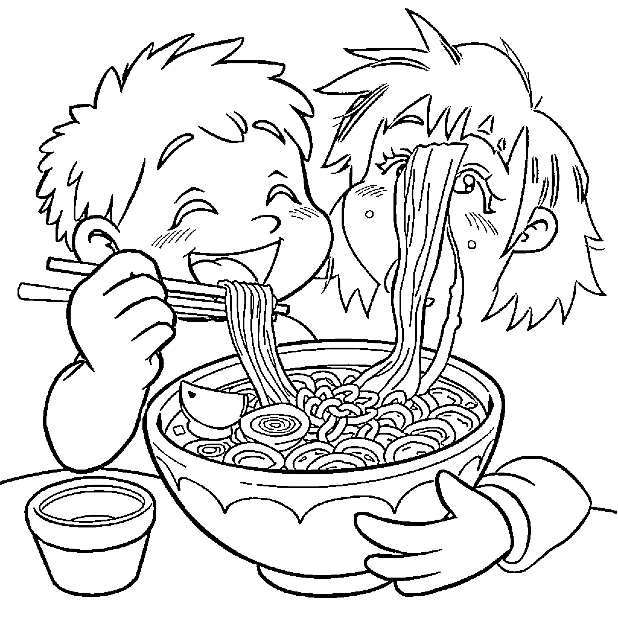 Rumi enjoys a hearty bowl of noodles Coloring Page (free black-and-white line drawing printable PDF for all, from beginners to advanced learners, including children, teens, adults, and seniors)