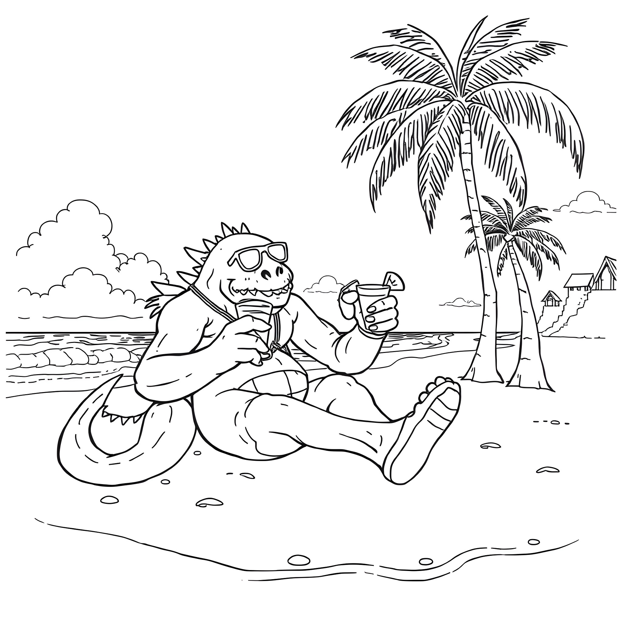 Monster Hunter Relaxing on the Beach with Tropical Drink Coloring Page (free black-and-white line drawing printable PDF for all, from beginners to advanced learners, including children, teens, adults, and seniors)
