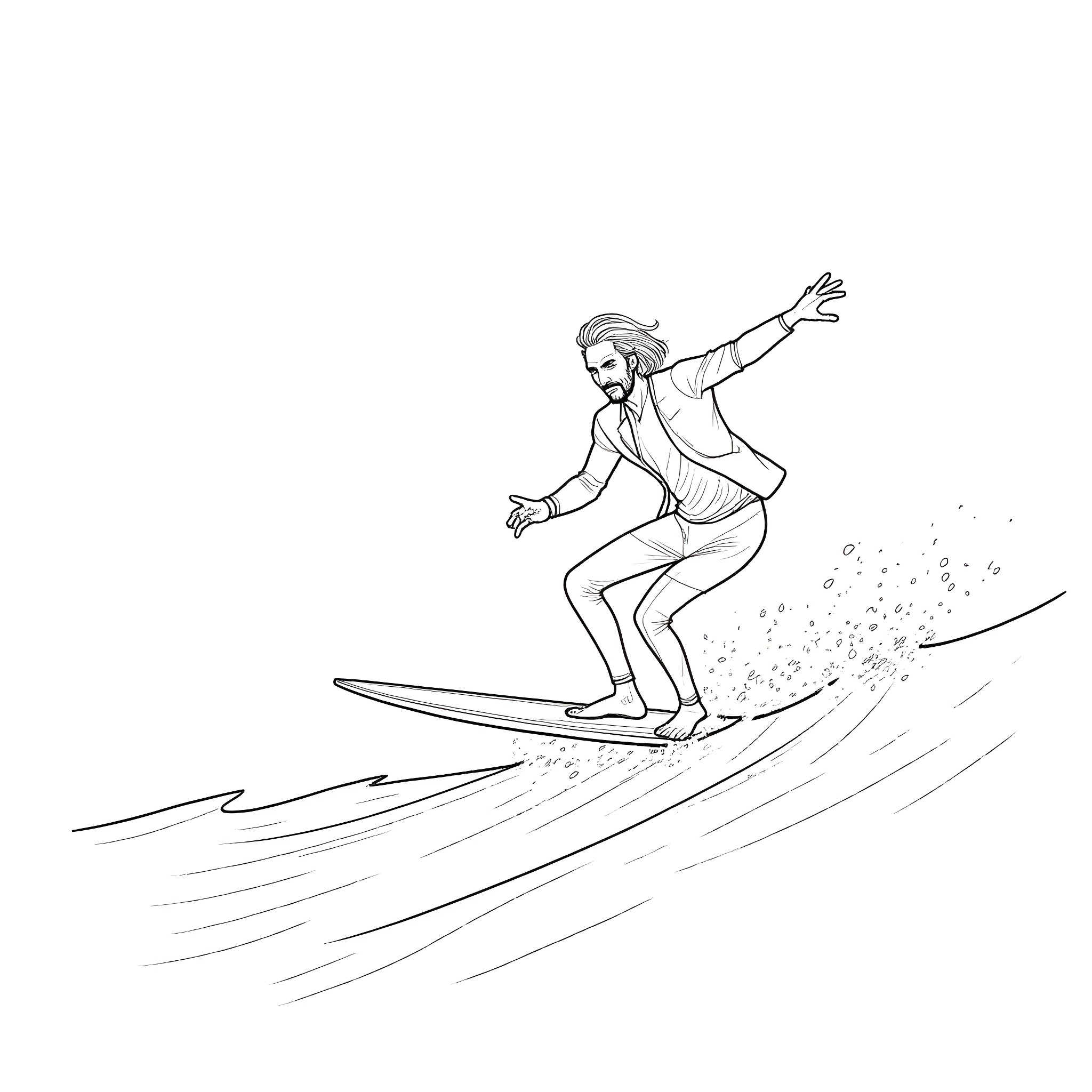John Wick surfing the waves with intensity Coloring Page (free black-and-white line drawing printable PDF for all, from beginners to advanced learners, including children, teens, adults, and seniors)