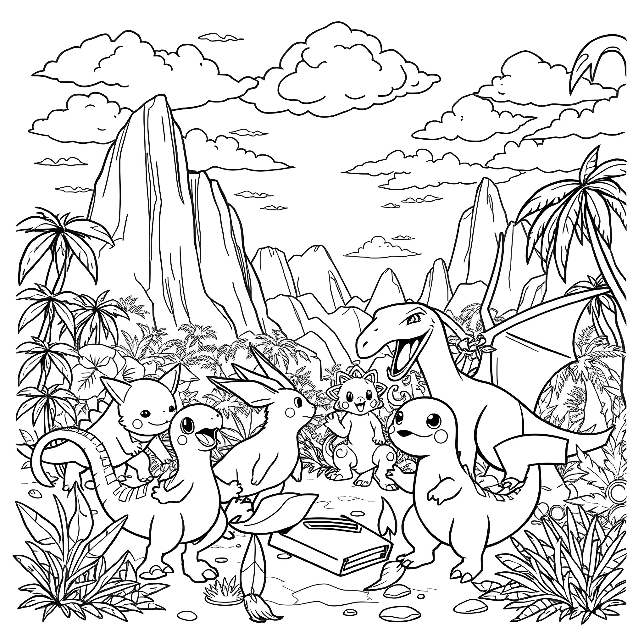 Pokémon characters exploring a lush natural landscape Coloring Page (free black-and-white line drawing printable PDF for all, from beginners to advanced learners, including children, teens, adults, and seniors)
