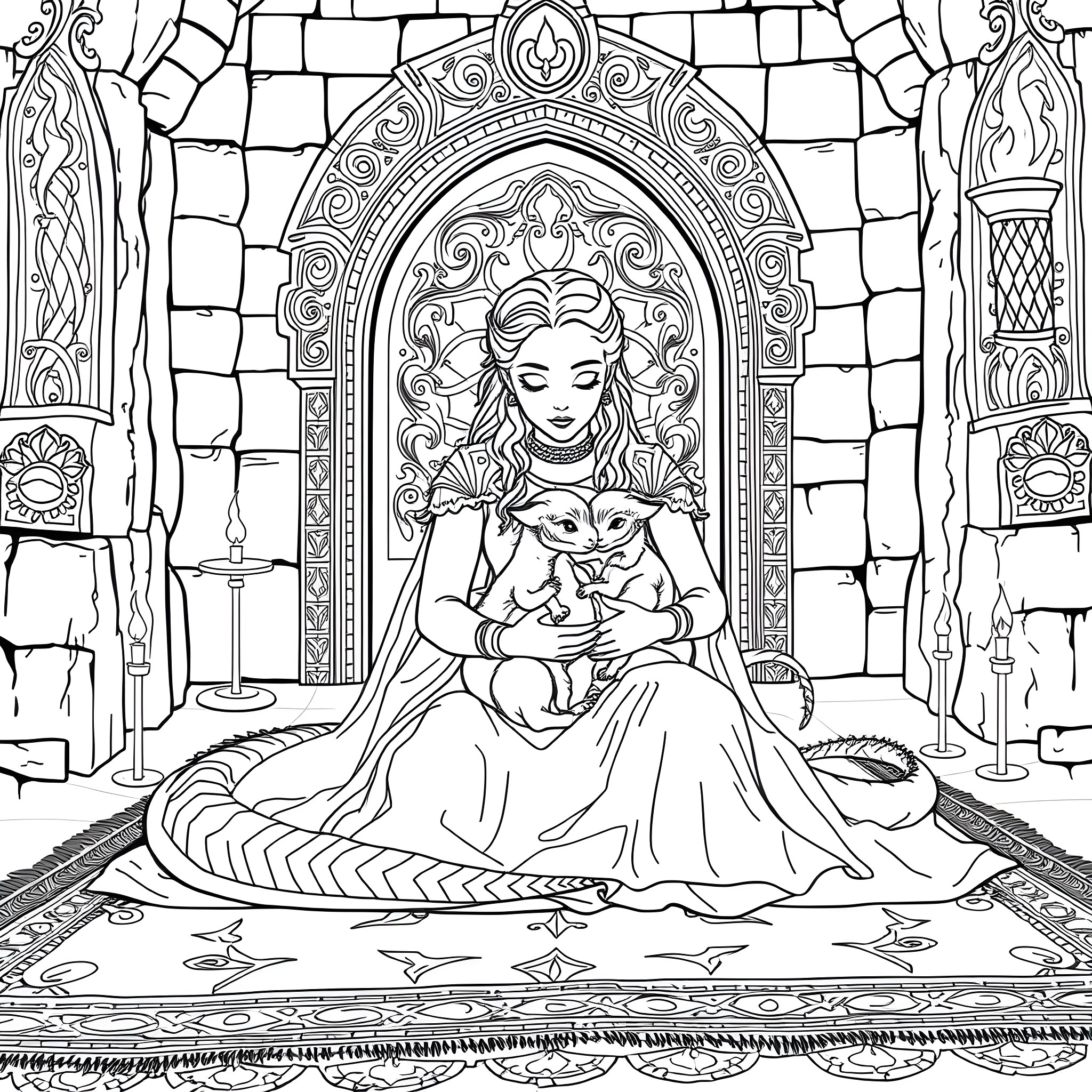 Daenerys seated with dragon in ornate chamber Coloring Page (free black-and-white line drawing printable PDF for all, from beginners to advanced learners, including children, teens, adults, and seniors)