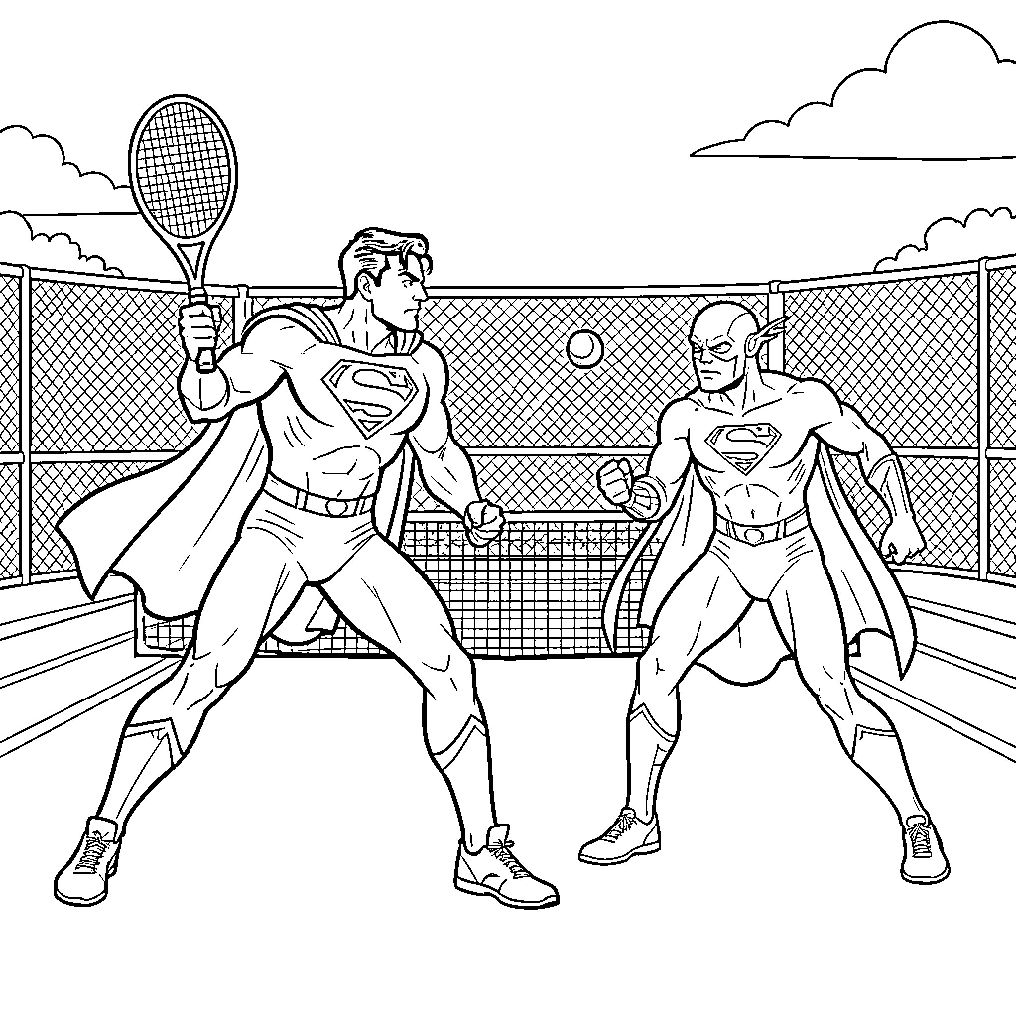 Superman playing a tennis match against an opponent Coloring Page (free black-and-white line drawing printable PDF for all, from beginners to advanced learners, including children, teens, adults, and seniors)