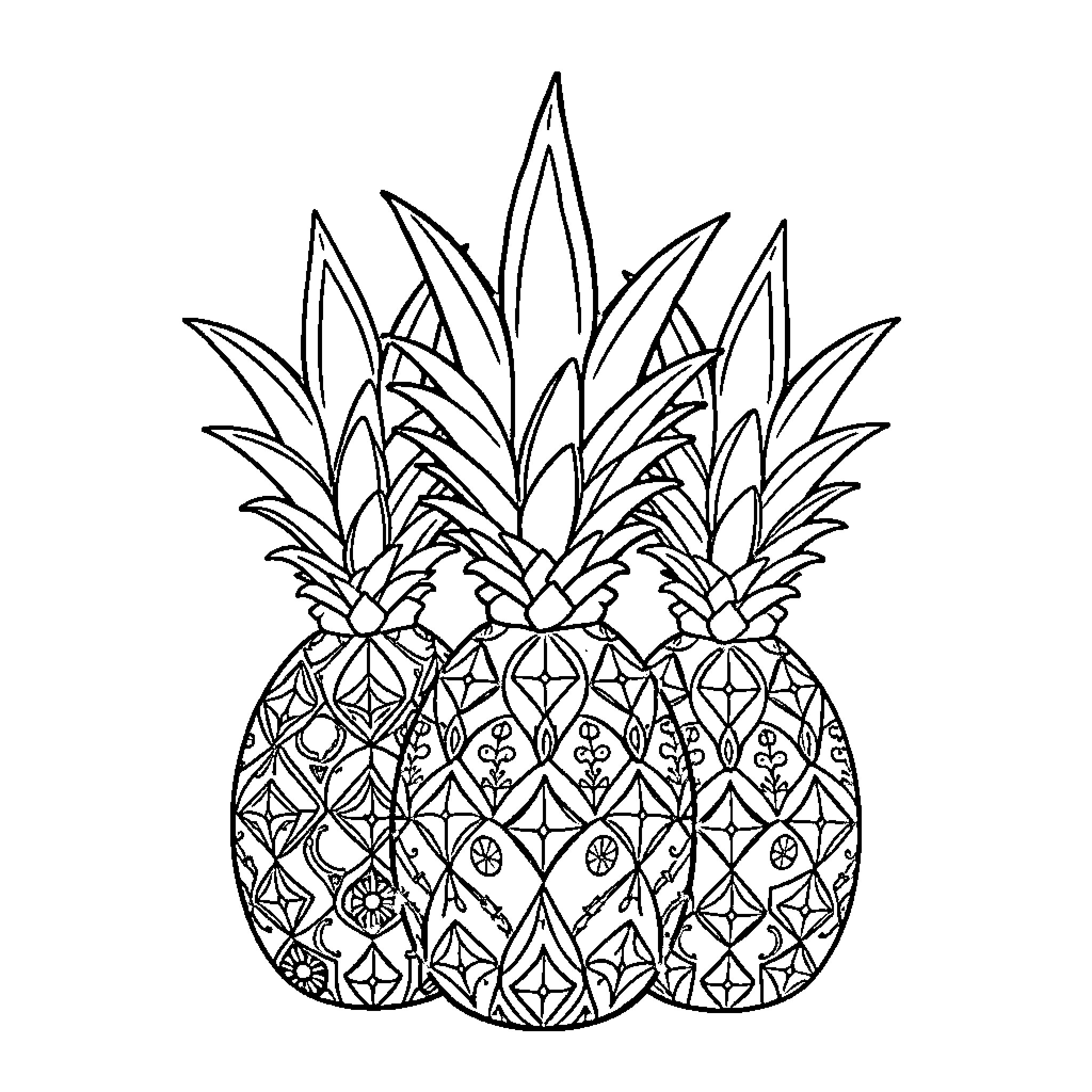 Mandalas of Intricate Pineapples Coloring Page (free black-and-white line drawing printable PDF for all, from beginners to advanced learners, including children, teens, adults, and seniors)