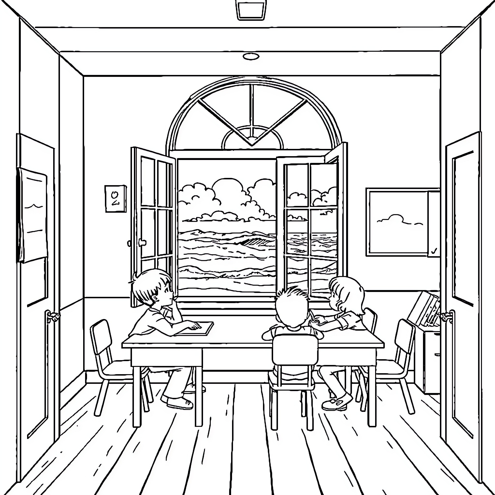 Classroom with students working diligently by the window Coloring Page (free black-and-white line drawing printable PDF for all, from beginners to advanced learners, including children, teens, adults, and seniors)
