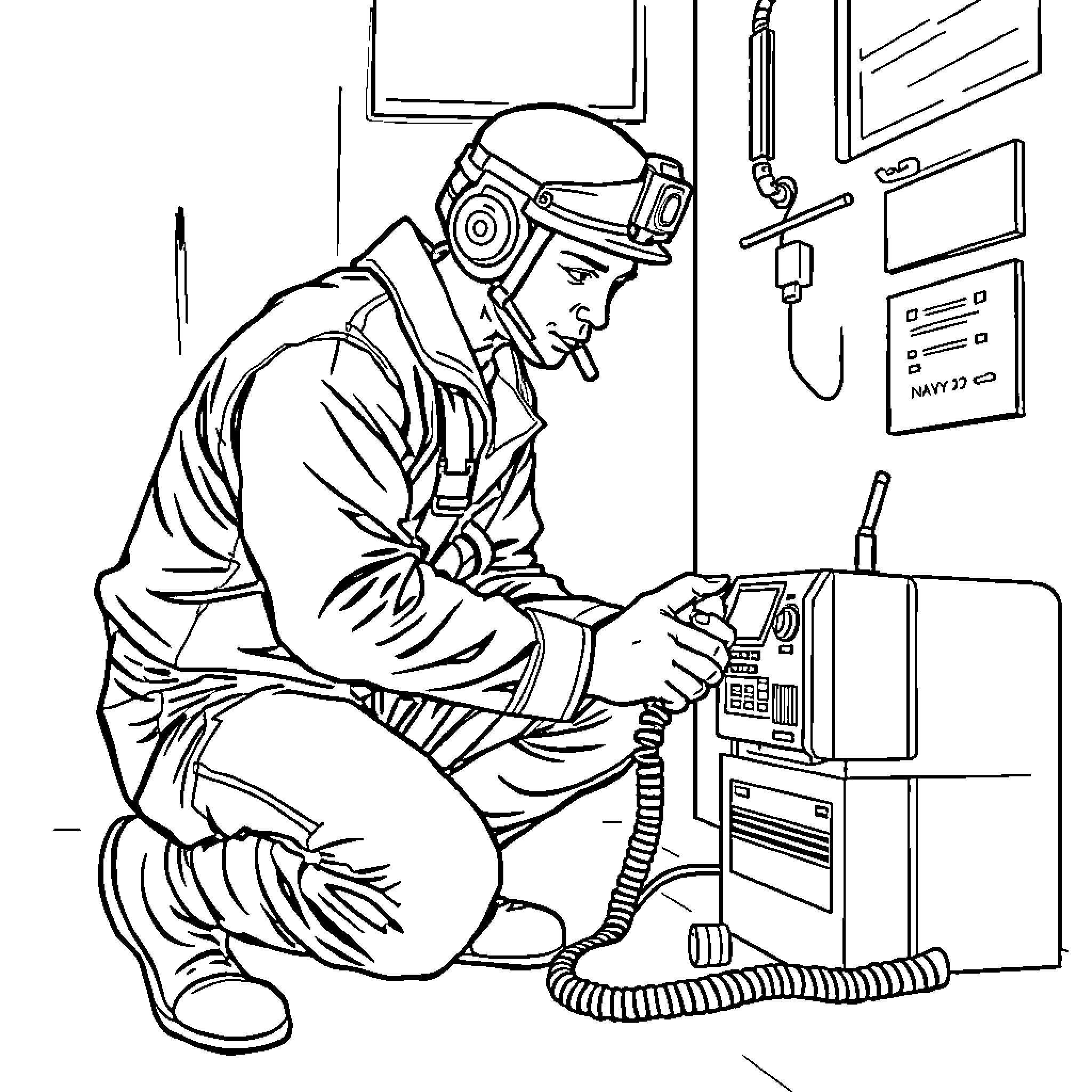 Navy SEAL operating tactical communication equipment Coloring Page (free black-and-white line drawing printable PDF for all, from beginners to advanced learners, including children, teens, adults, and seniors)