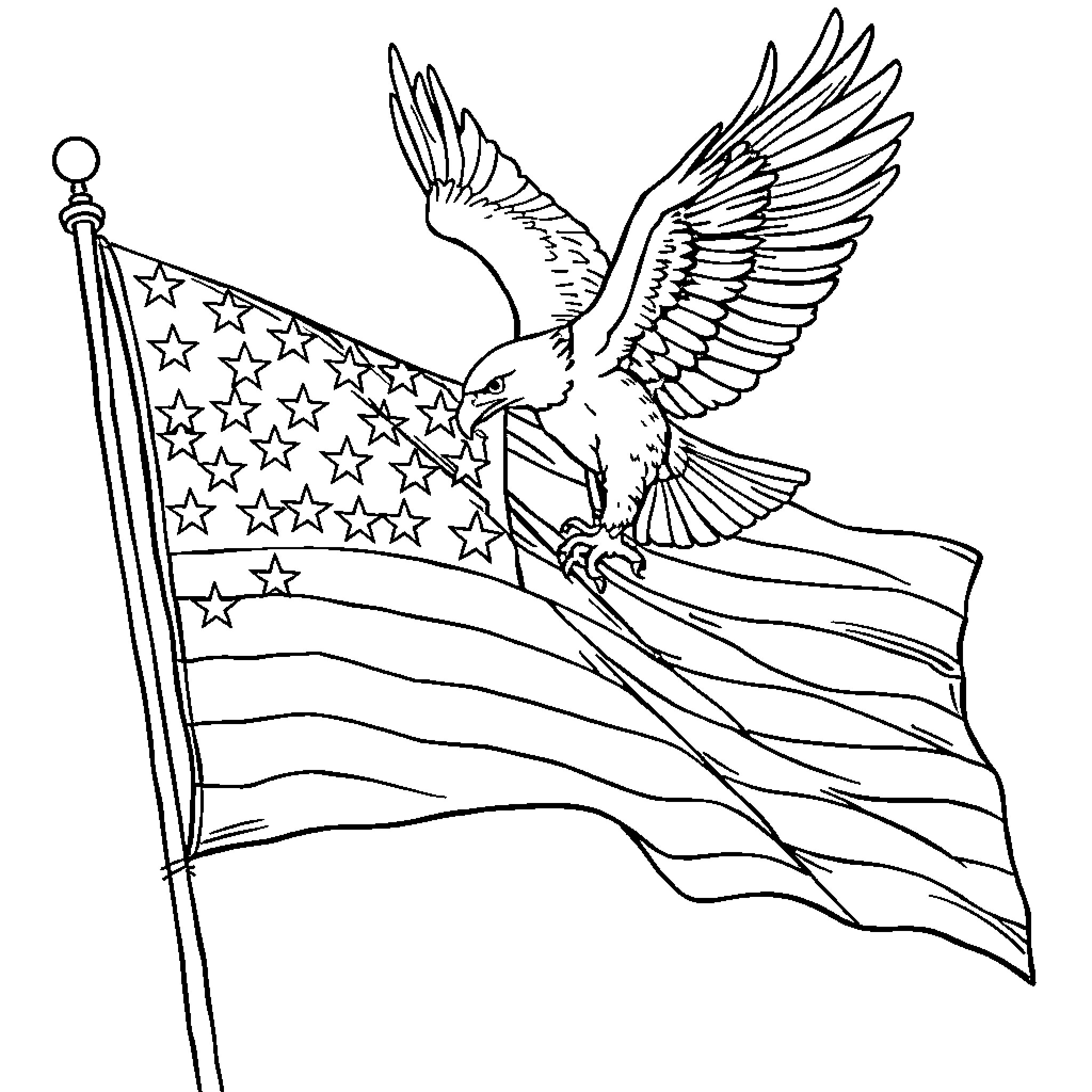 Eagle soaring with American flag Coloring Page (free black-and-white line drawing printable PDF for all, from beginners to advanced learners, including children, teens, adults, and seniors)