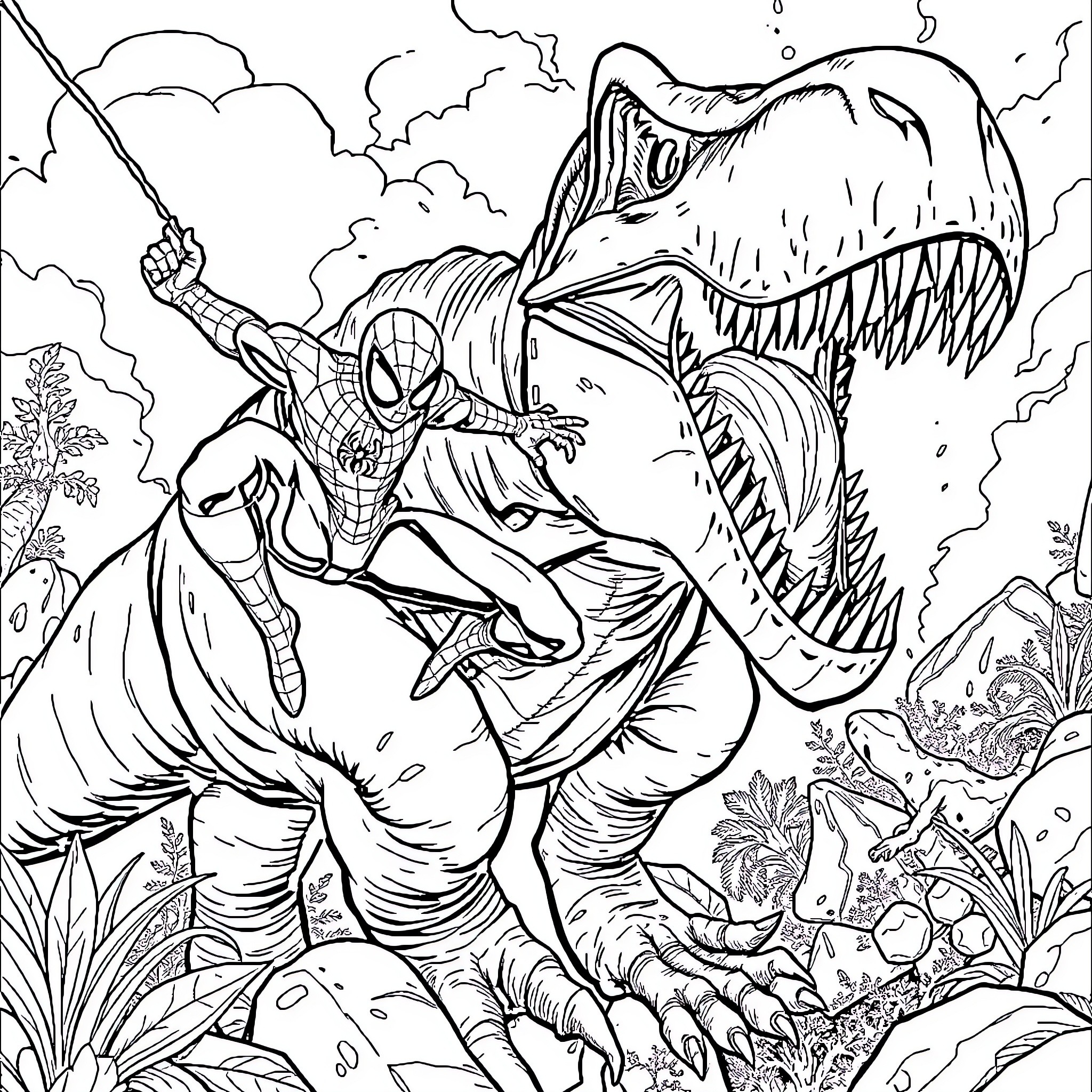 Spider-Man battles a fearsome dinosaur in the wilderness Coloring Page (free black-and-white line drawing printable PDF for all, from beginners to advanced learners, including children, teens, adults, and seniors)
