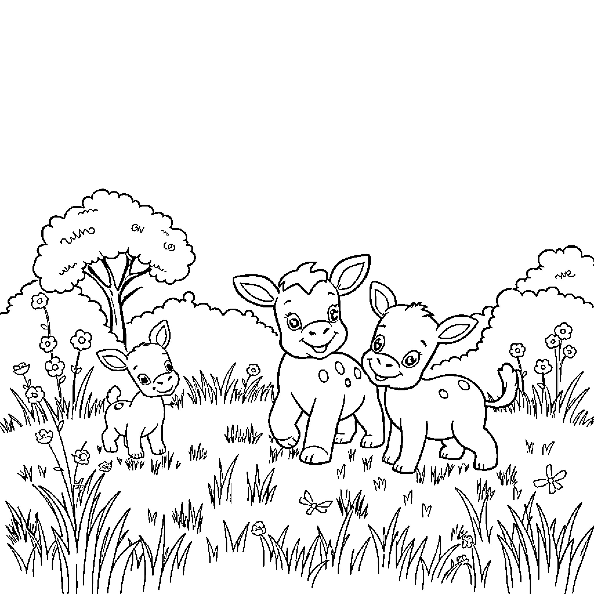Baby Animals Playing Happily in a Meadow Coloring Page (free black-and-white line drawing printable PDF for all, from beginners to advanced learners, including children, teens, adults, and seniors)