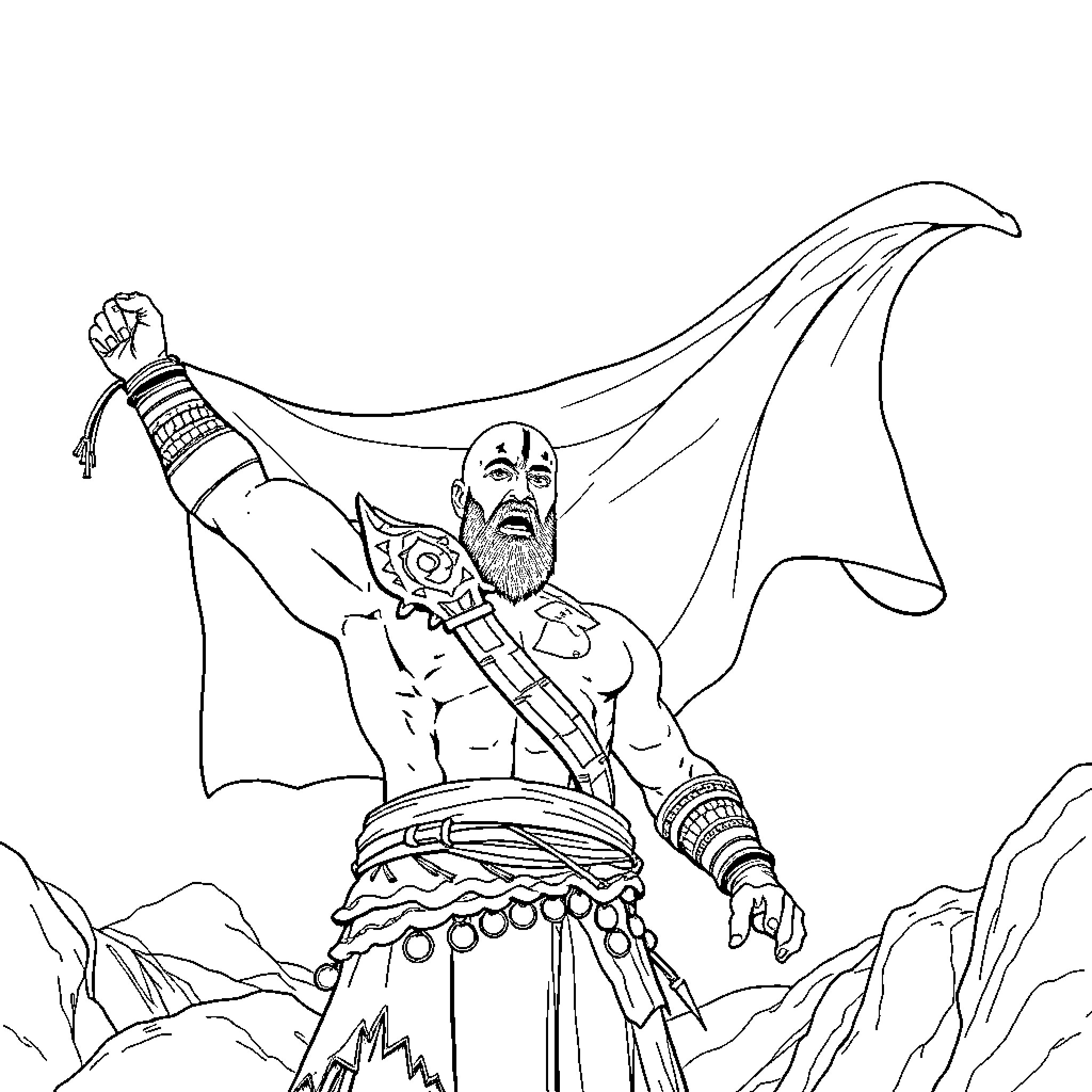 Kratos, the Spartan Warrior Stands Triumphant Coloring Page (free black-and-white line drawing printable PDF for all, from beginners to advanced learners, including children, teens, adults, and seniors)