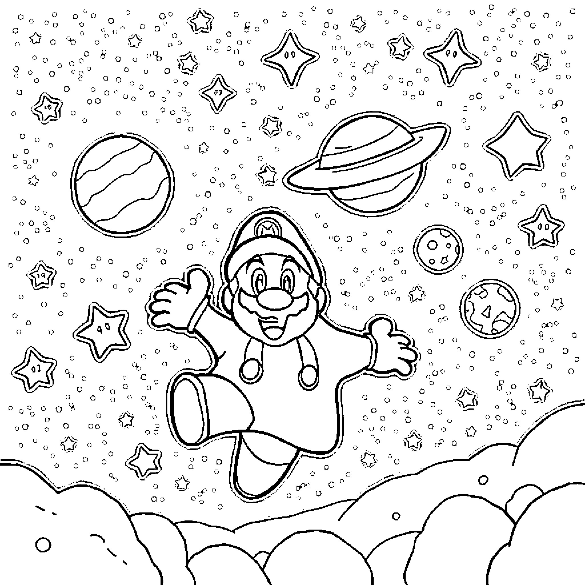 Star Mario Exploring the Cosmic Realm Coloring Page (free black-and-white line drawing printable PDF for all, from beginners to advanced learners, including children, teens, adults, and seniors)