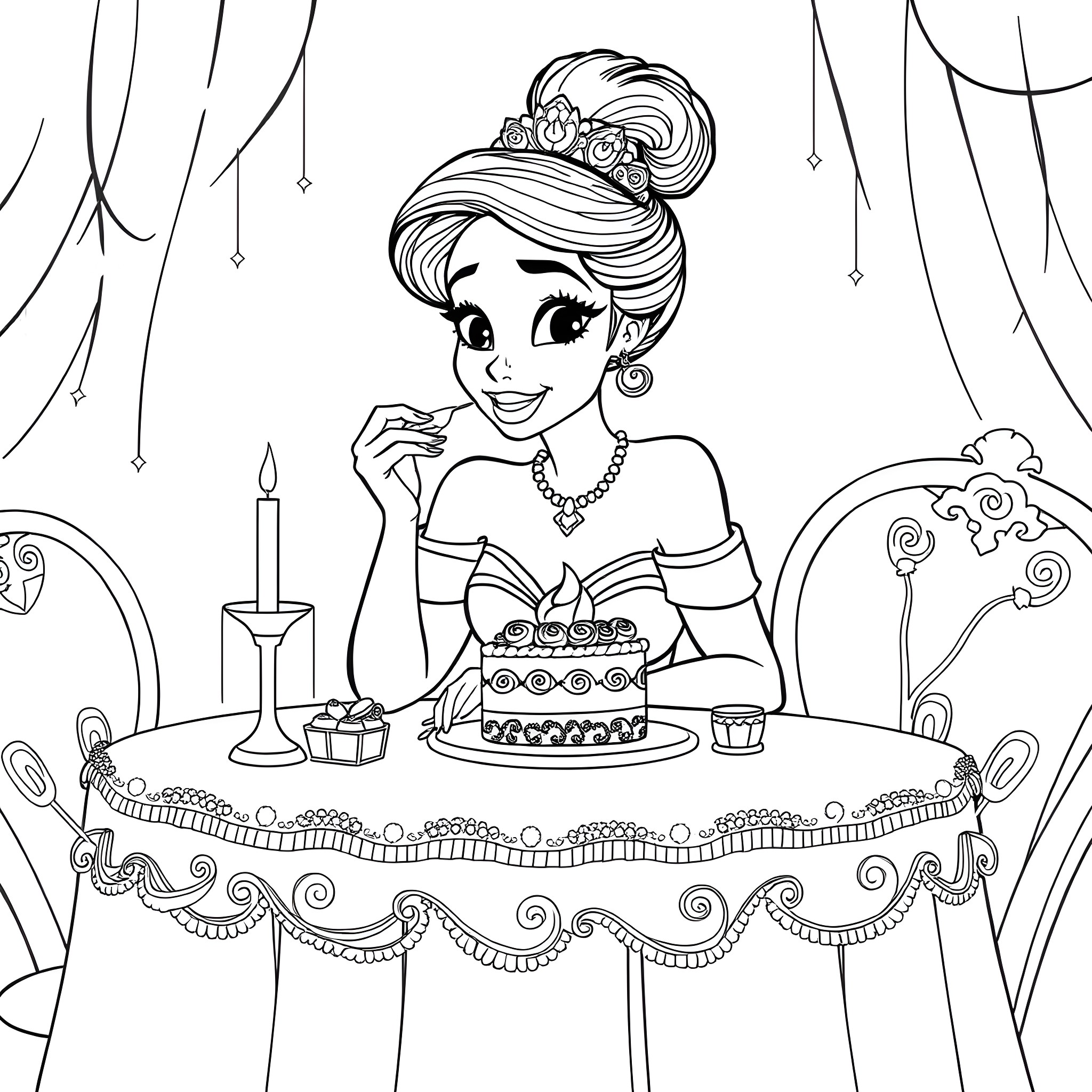 Tiana enjoying a celebratory cake at a fancy table Coloring Page (free black-and-white line drawing printable PDF for all, from beginners to advanced learners, including children, teens, adults, and seniors)