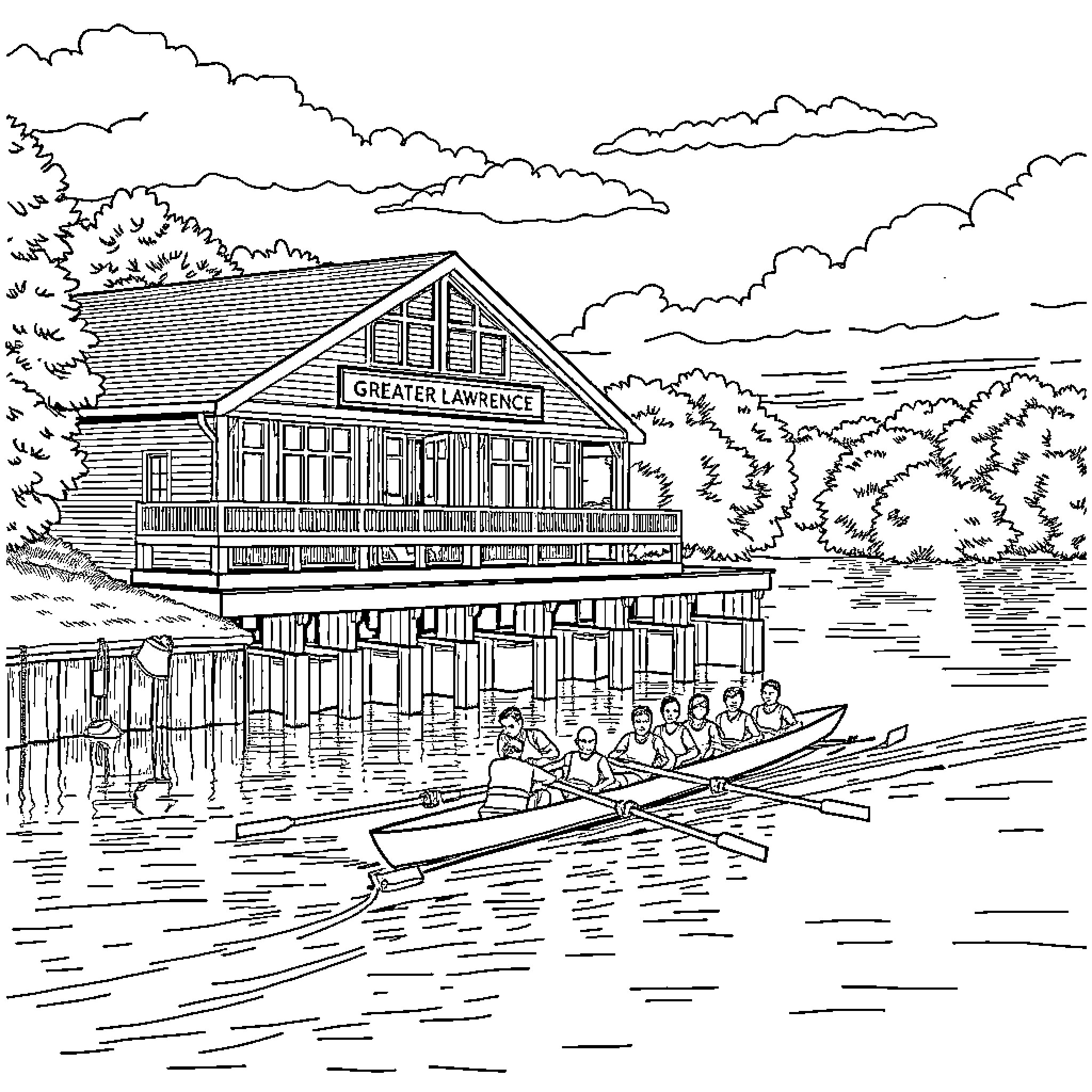 Boathouse with Rowers on the River Coloring Page (free black-and-white line drawing printable PDF for all, from beginners to advanced learners, including children, teens, adults, and seniors)