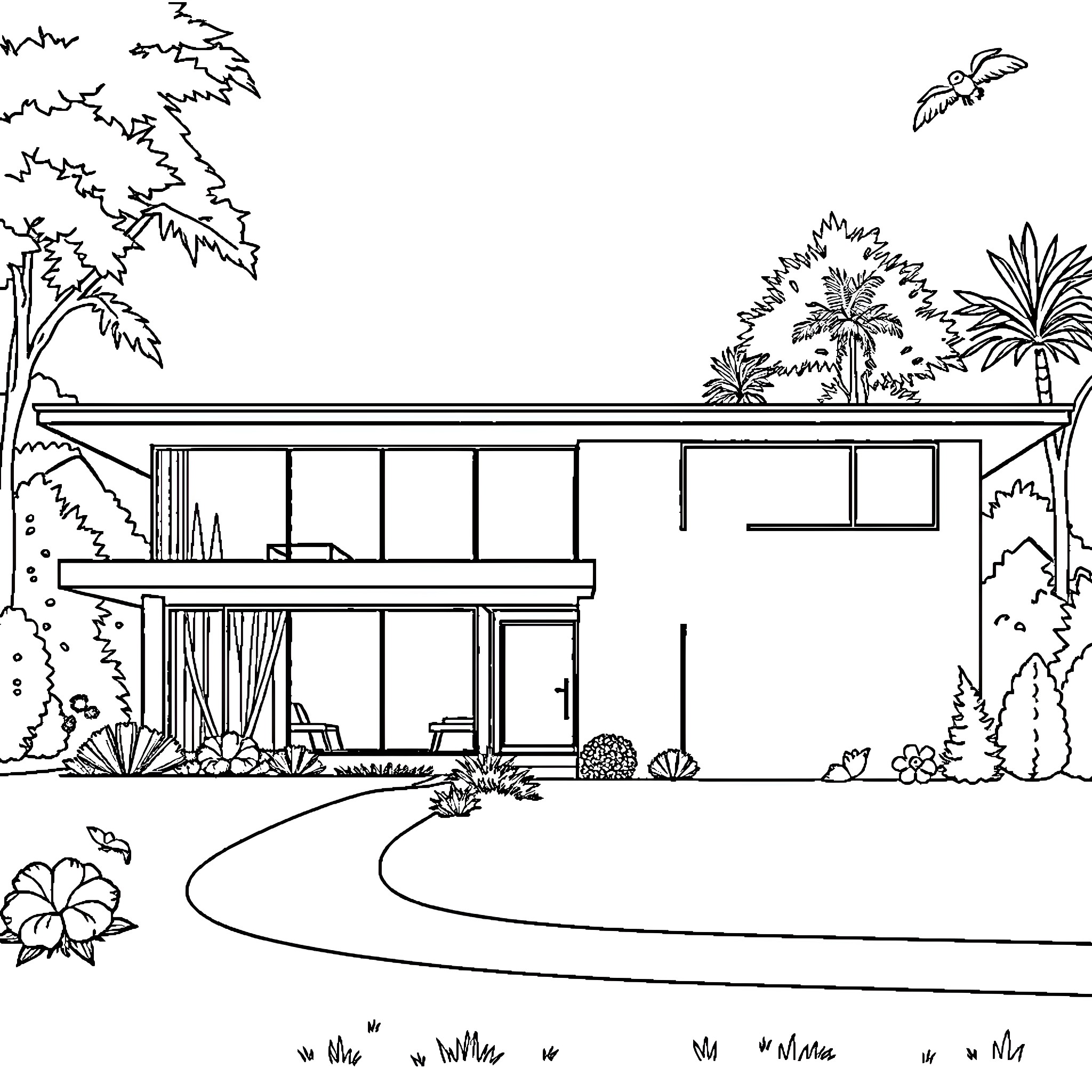 House with modern architectural design and tropical landscape Coloring Page (free black-and-white line drawing printable PDF for all, from beginners to advanced learners, including children, teens, adults, and seniors)