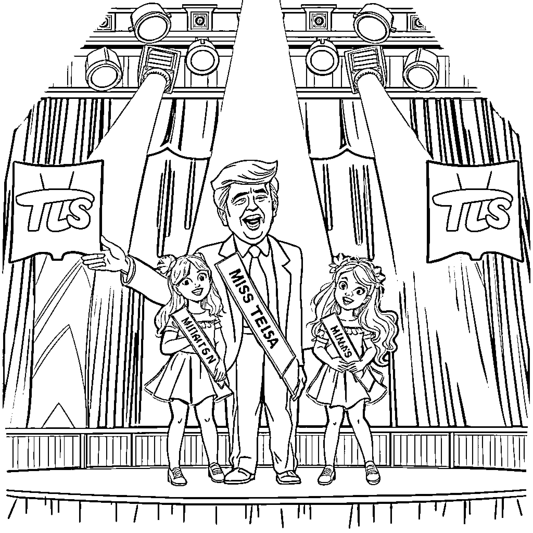Trump's Pageant: Crowning the Miss Teen USA Contestants Coloring Page (free black-and-white line drawing printable PDF for all, from beginners to advanced learners, including children, teens, adults, and seniors)