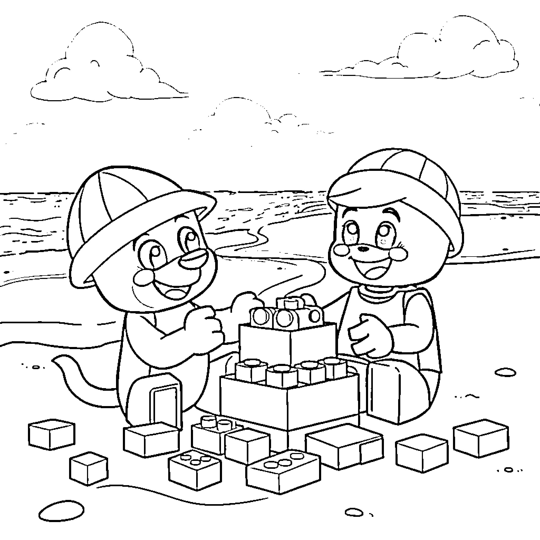 Bluey and Bingo building blocks together on the beach Coloring Page (free black-and-white line drawing printable PDF for all, from beginners to advanced learners, including children, teens, adults, and seniors)