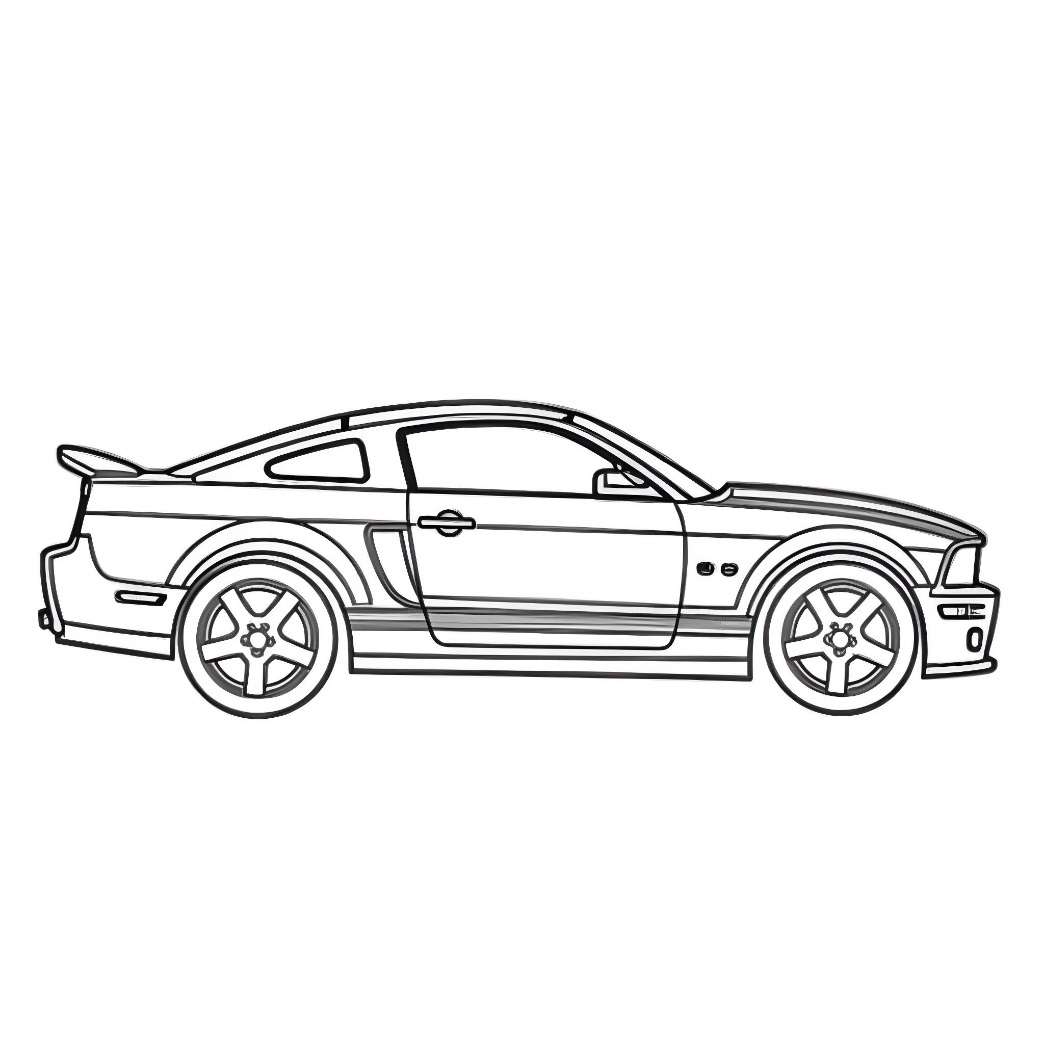 Ford Mustang sports car on the road Coloring Page (free black-and-white line drawing printable PDF for all, from beginners to advanced learners, including children, teens, adults, and seniors)