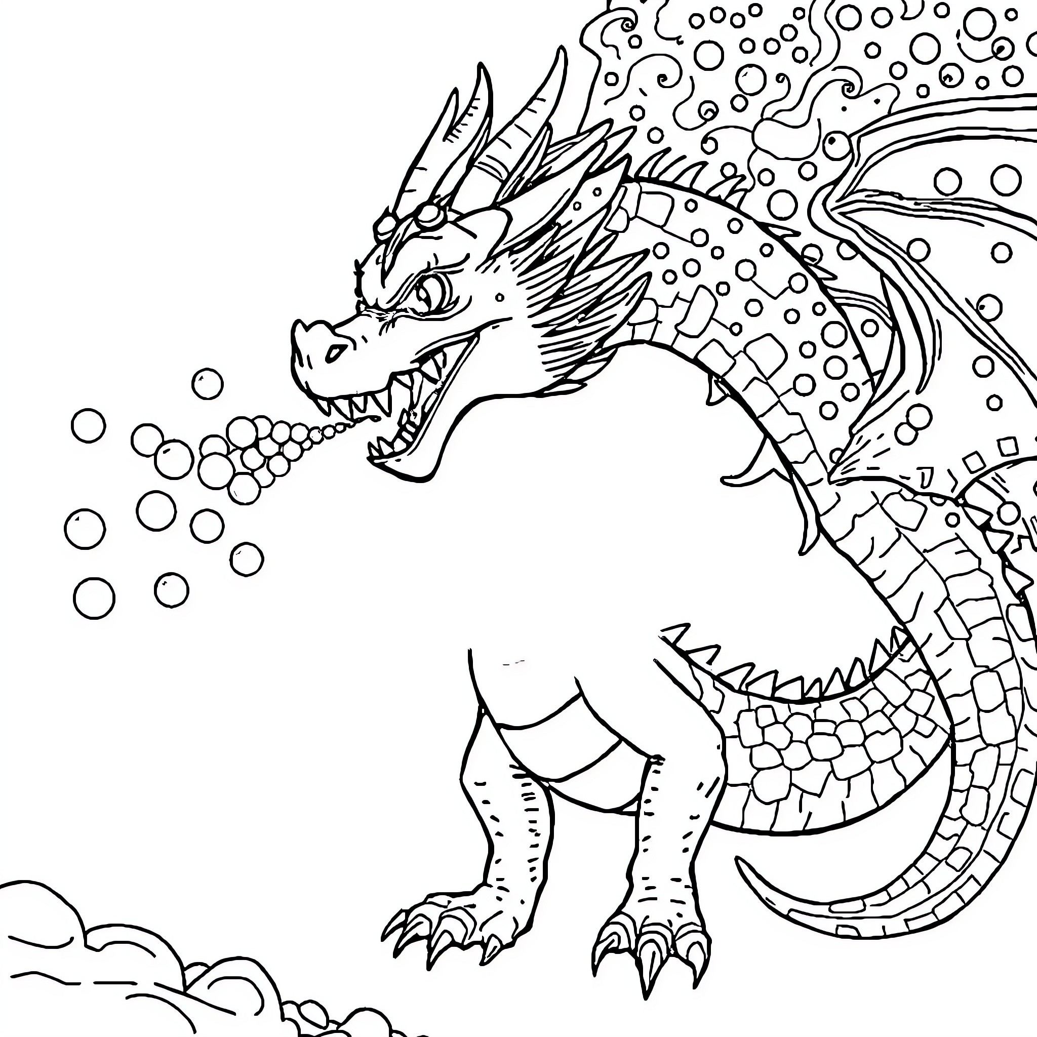 Dragon Unleashing Fiery Breath in Fantastical Scene Coloring Page (free black-and-white line drawing printable PDF for all, from beginners to advanced learners, including children, teens, adults, and seniors)