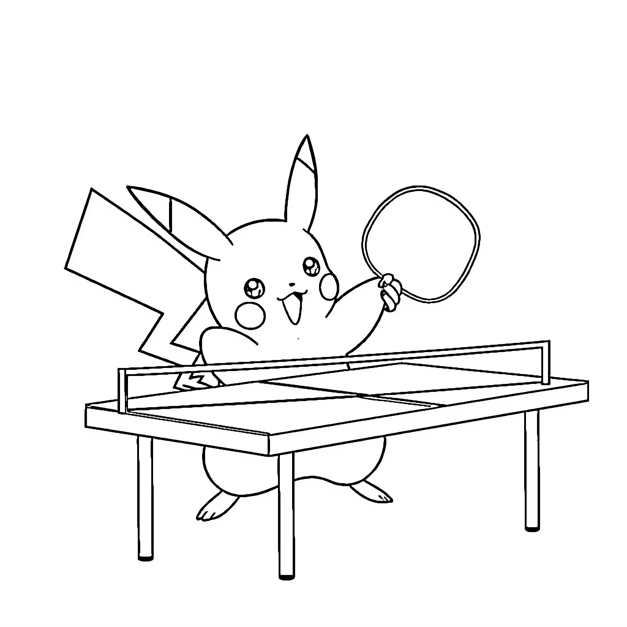 Pikachu playing ping-pong with a magnifying glass Coloring Page (free black-and-white line drawing printable PDF for all, from beginners to advanced learners, including children, teens, adults, and seniors)