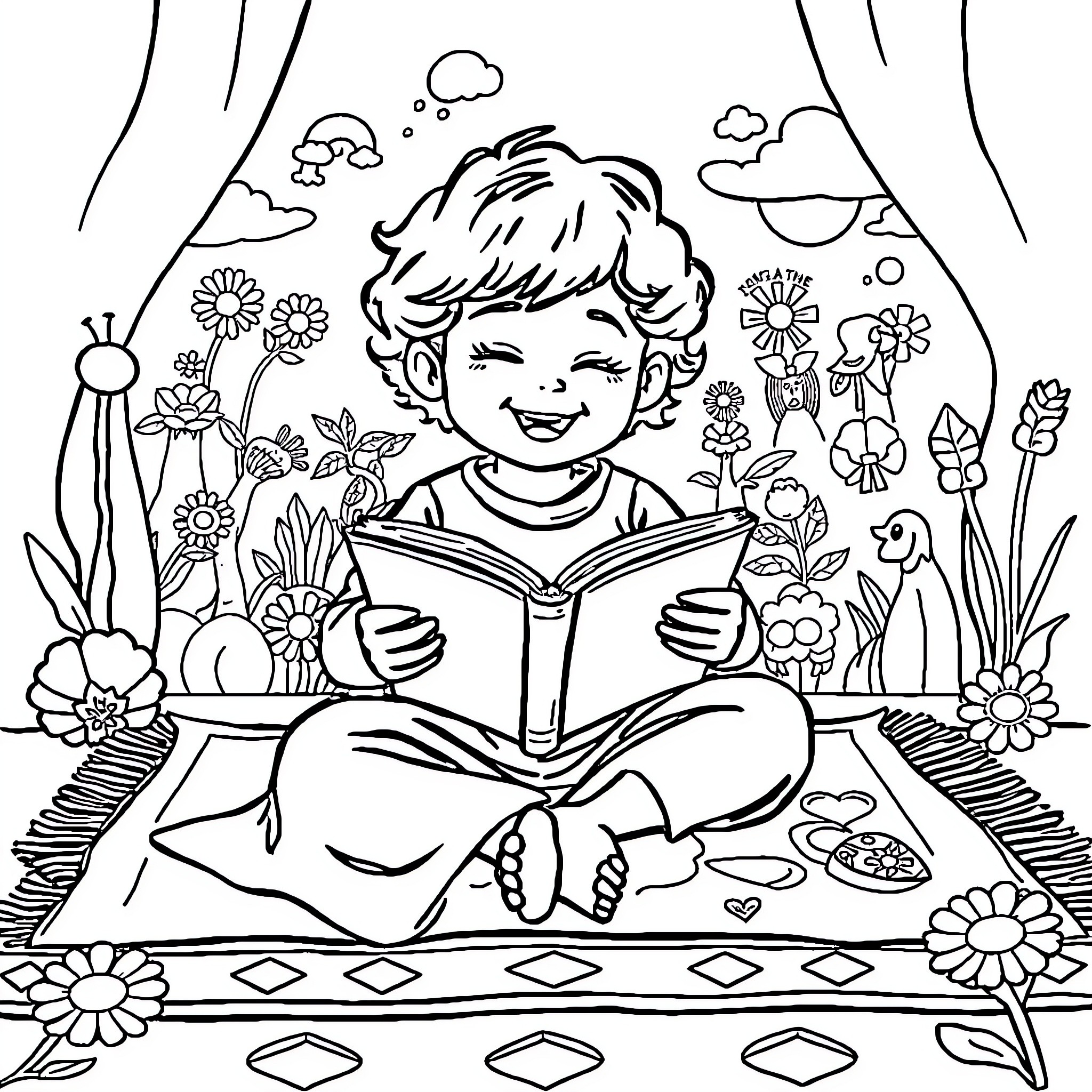 Child reading a book in a flower garden Coloring Page (free black-and-white line drawing printable PDF for all, from beginners to advanced learners, including children, teens, adults, and seniors)