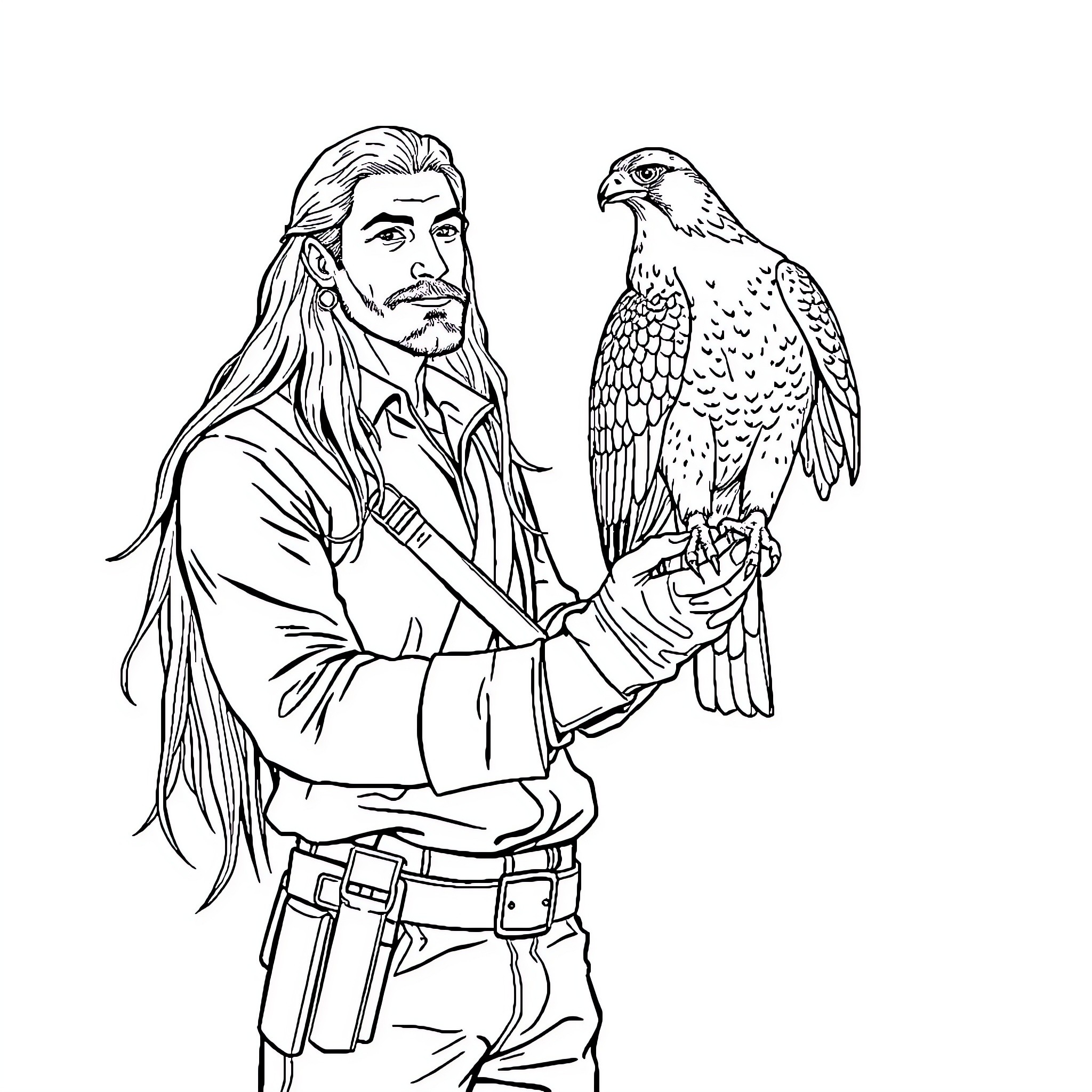 Falconer with trained raptor on gloved hand Coloring Page (free black-and-white line drawing printable PDF for all, from beginners to advanced learners, including children, teens, adults, and seniors)