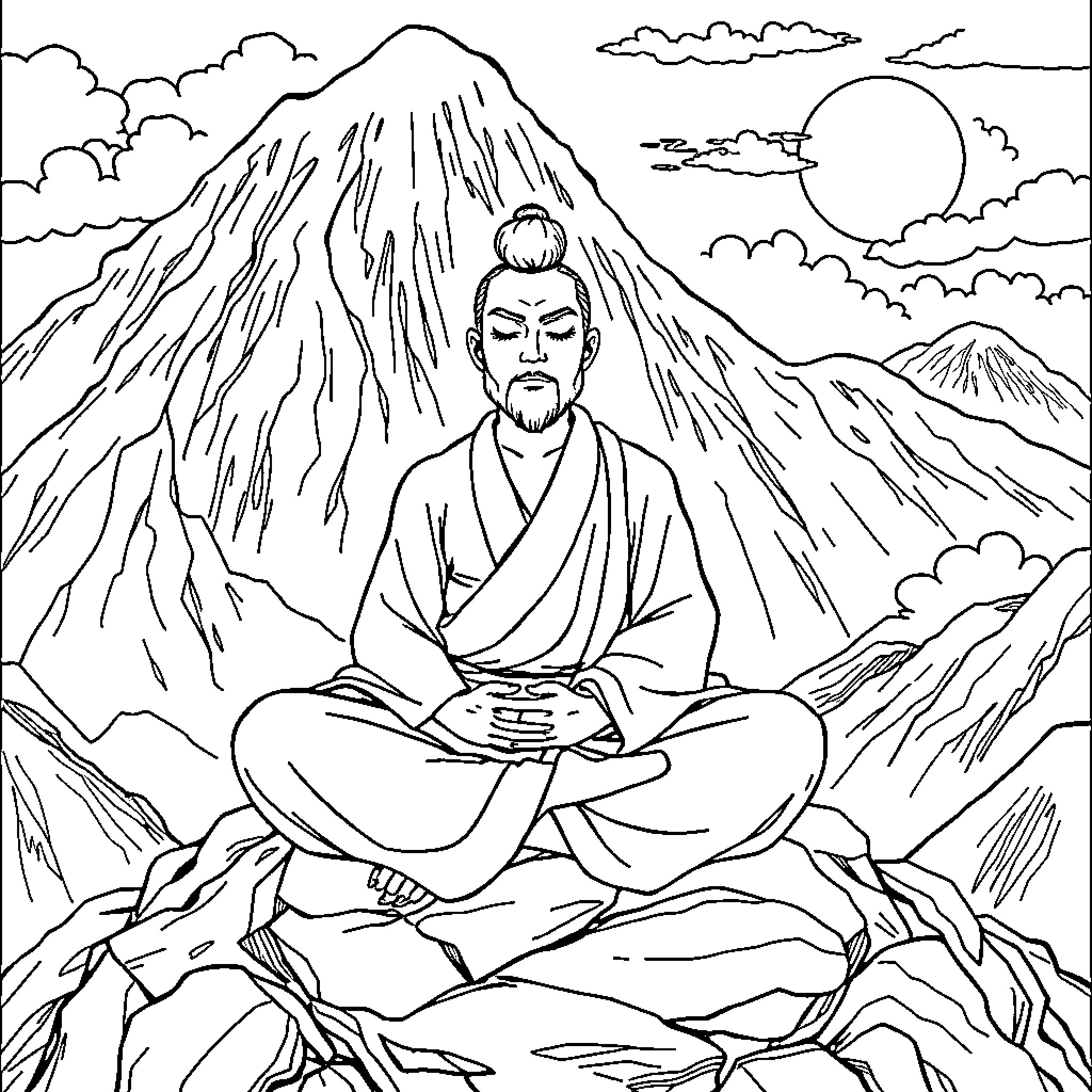 Songoku Meditating Atop the Majestic Mountains Coloring Page (free black-and-white line drawing printable PDF for all, from beginners to advanced learners, including children, teens, adults, and seniors)