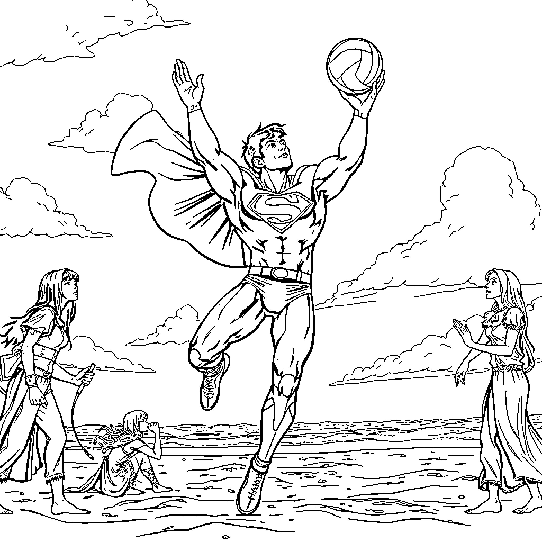 Superman soaring heroically with volleyball in the sky Coloring Page (free black-and-white line drawing printable PDF for all, from beginners to advanced learners, including children, teens, adults, and seniors)