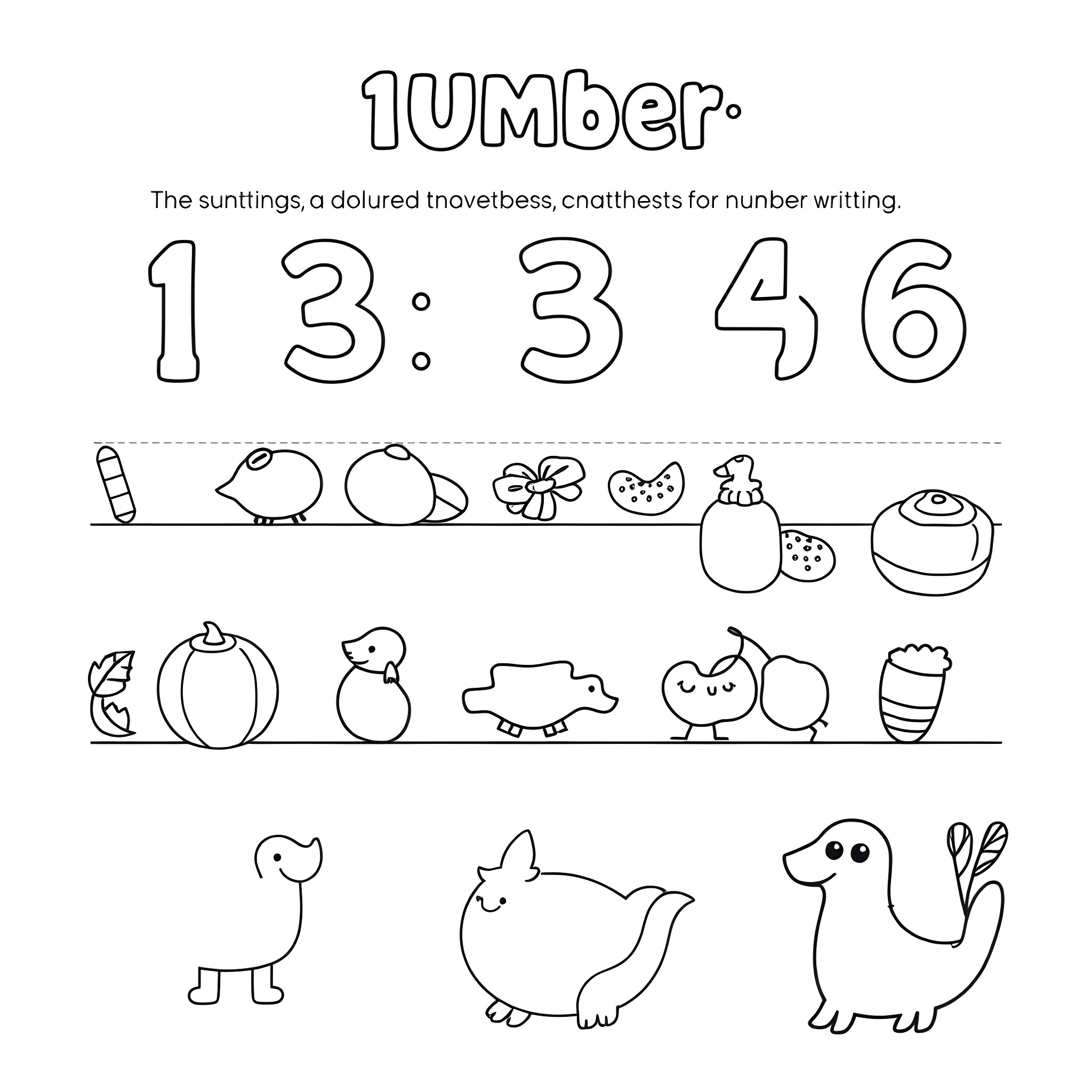 Number: Images of various objects and animals for number writing Coloring Page (free black-and-white line drawing printable PDF for all, from beginners to advanced learners, including children, teens, adults, and seniors)