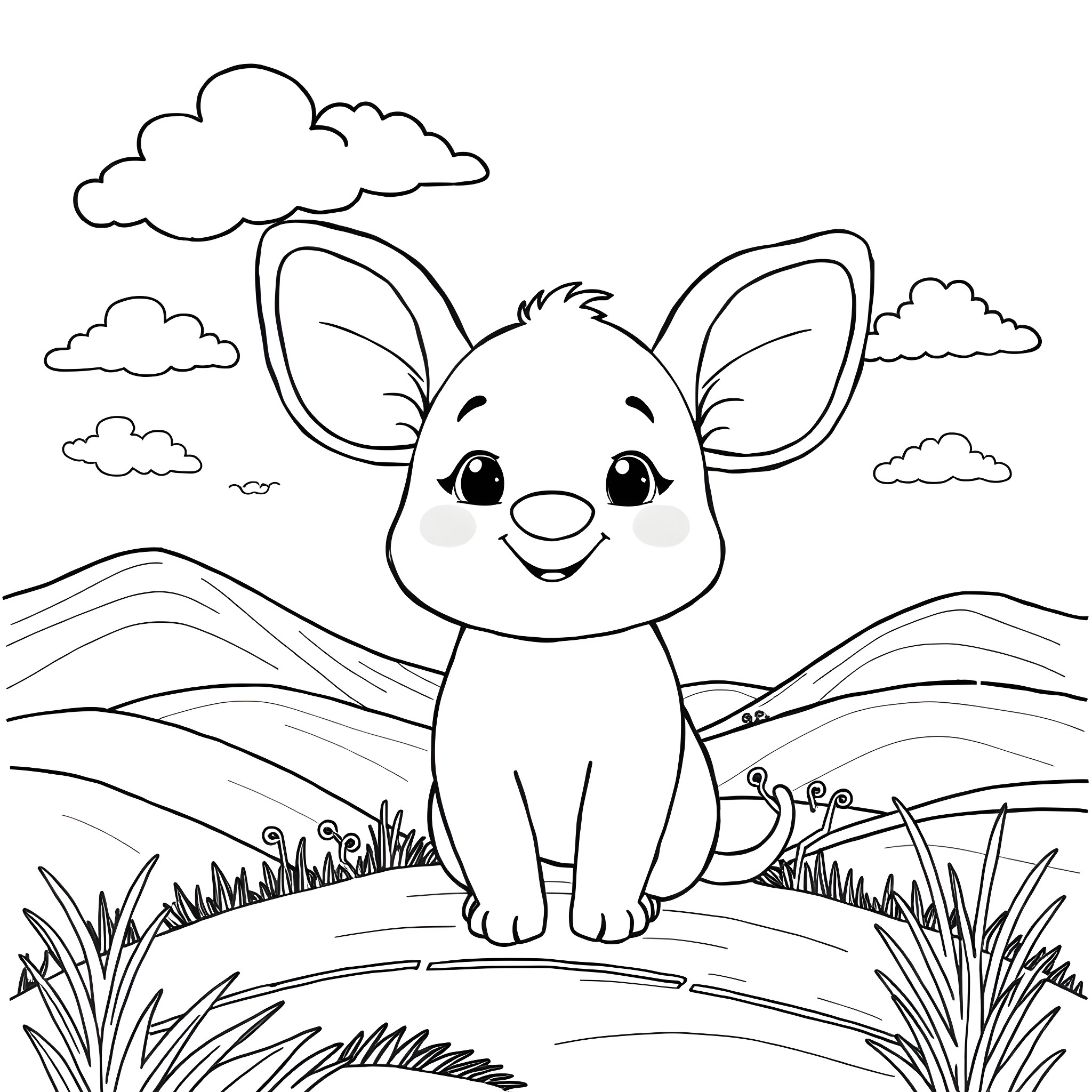 Labubu the happy bunny playing in the meadow Coloring Page (free black-and-white line drawing printable PDF for all, from beginners to advanced learners, including children, teens, adults, and seniors)