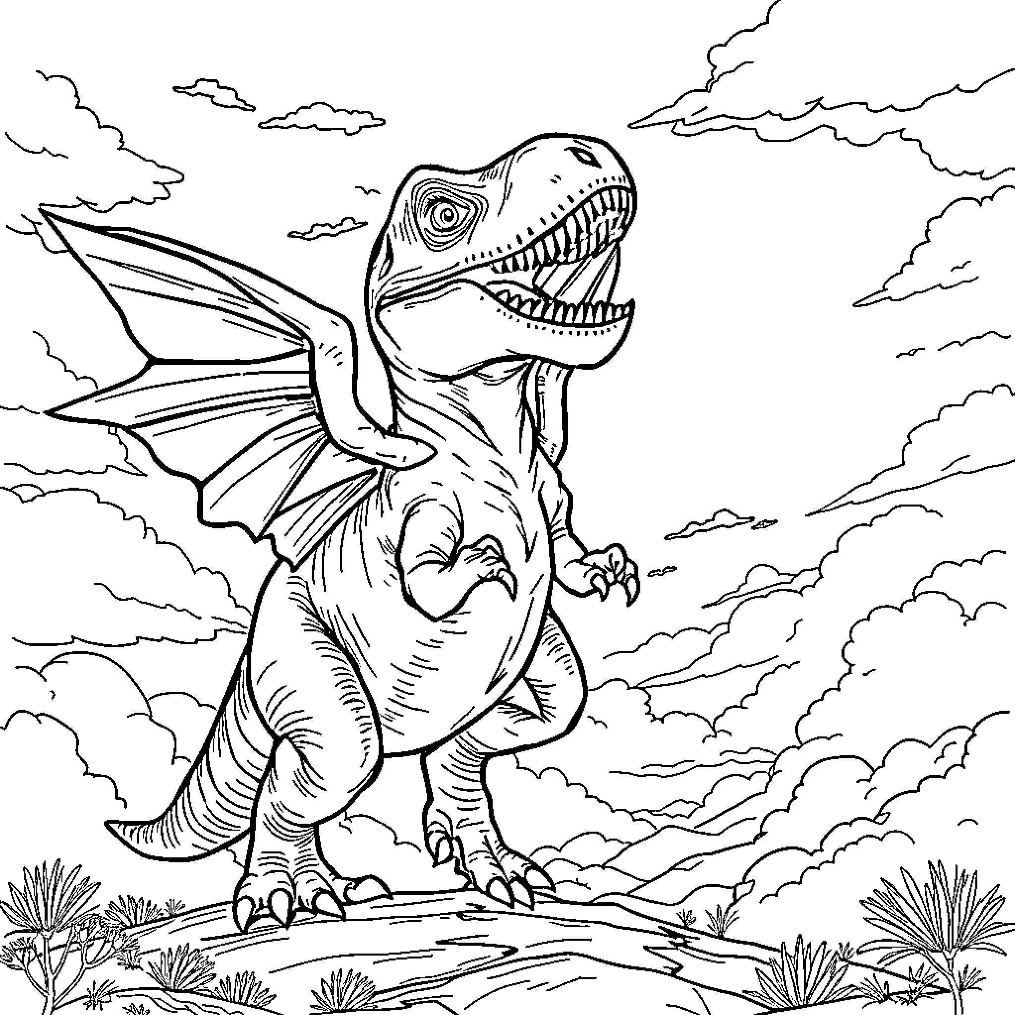 T-Rex roaring in the clouds and foliage Coloring Page (free black-and-white line drawing printable PDF for all, from beginners to advanced learners, including children, teens, adults, and seniors)