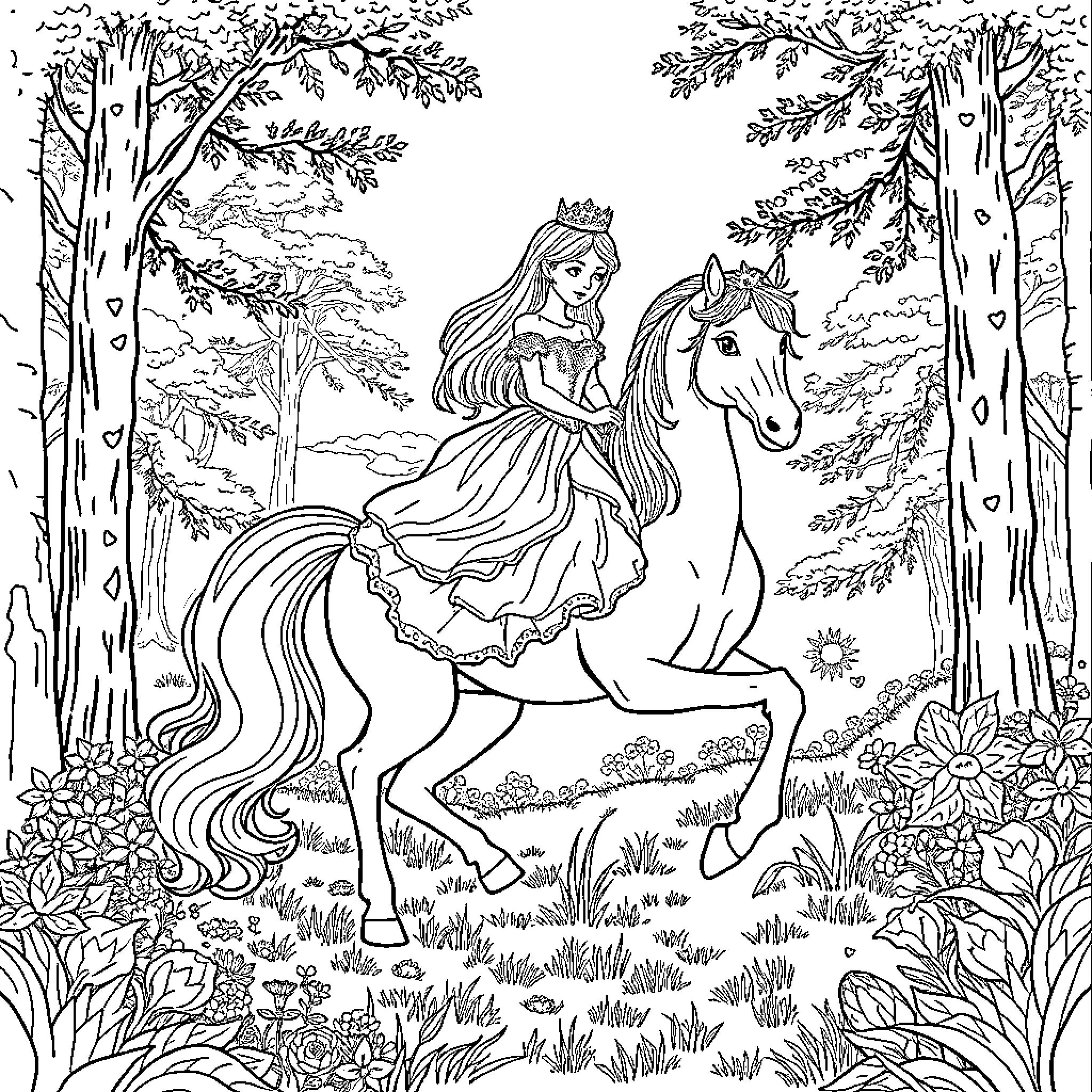 Princess Riding a Majestic Horse in the Enchanted Forest Coloring Page (free black-and-white line drawing printable PDF for all, from beginners to advanced learners, including children, teens, adults, and seniors)