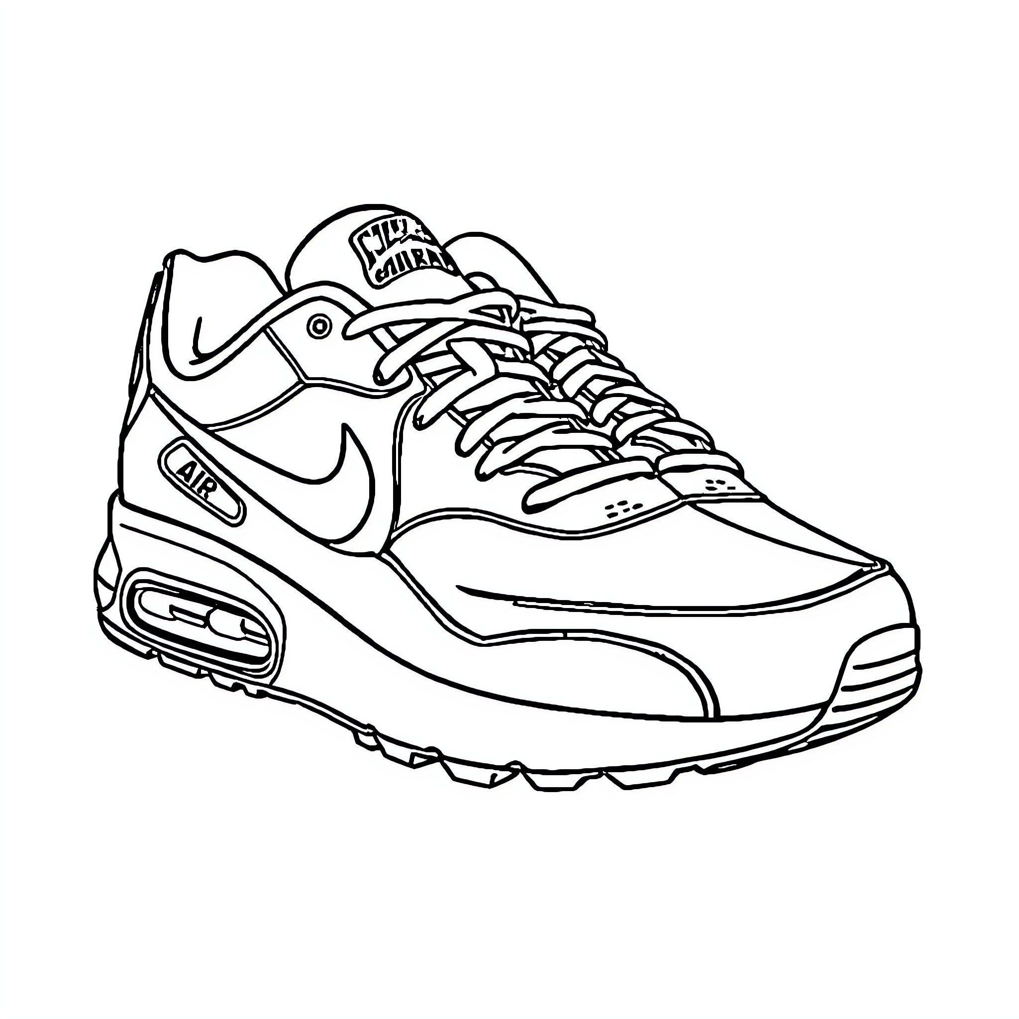 Air Max sneakers with vibrant laces and modern design Coloring Page (free black-and-white line drawing printable PDF for all, from beginners to advanced learners, including children, teens, adults, and seniors)