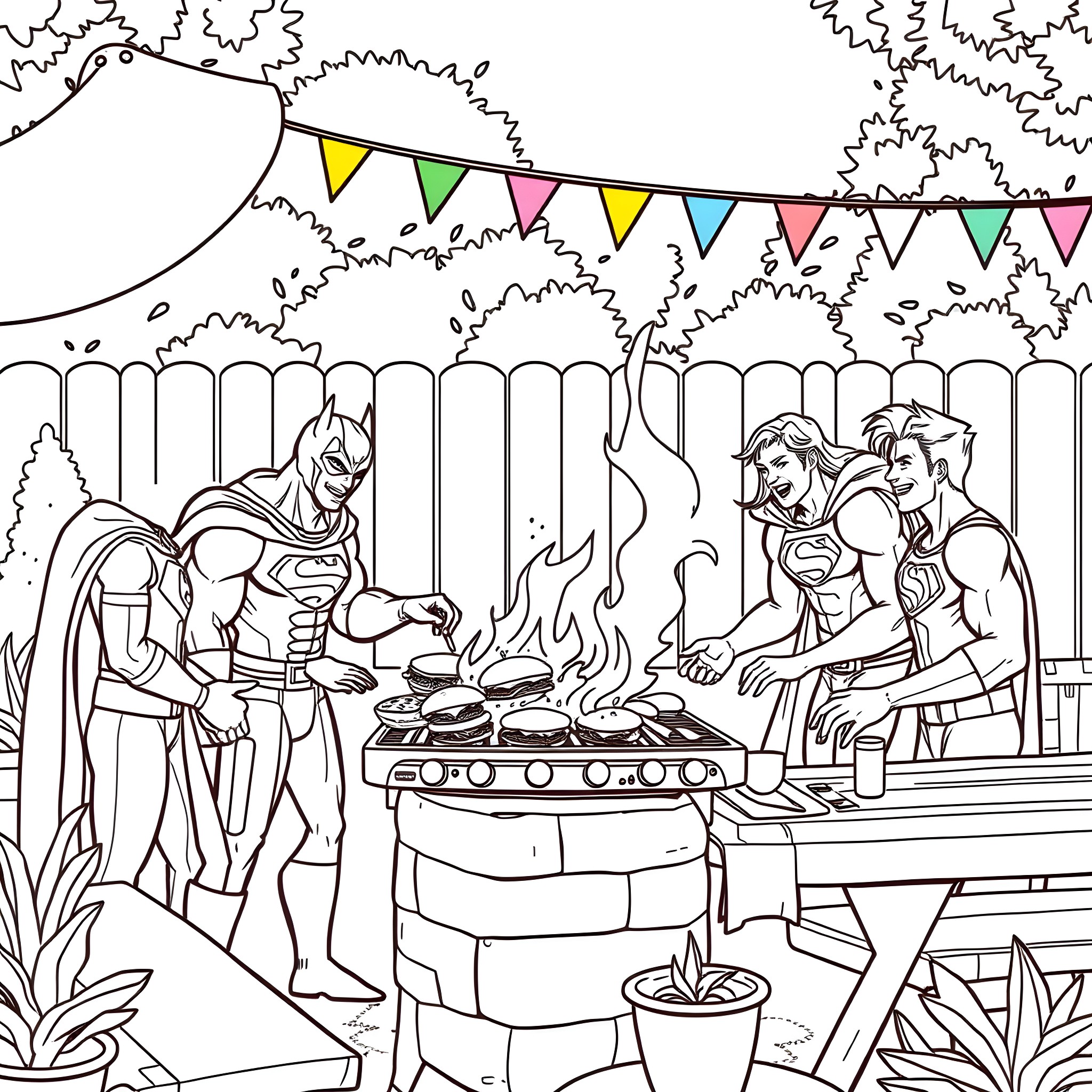 Superheroes Enjoying a Festive Outdoor Barbecue Coloring Page (free black-and-white line drawing printable PDF for all, from beginners to advanced learners, including children, teens, adults, and seniors)