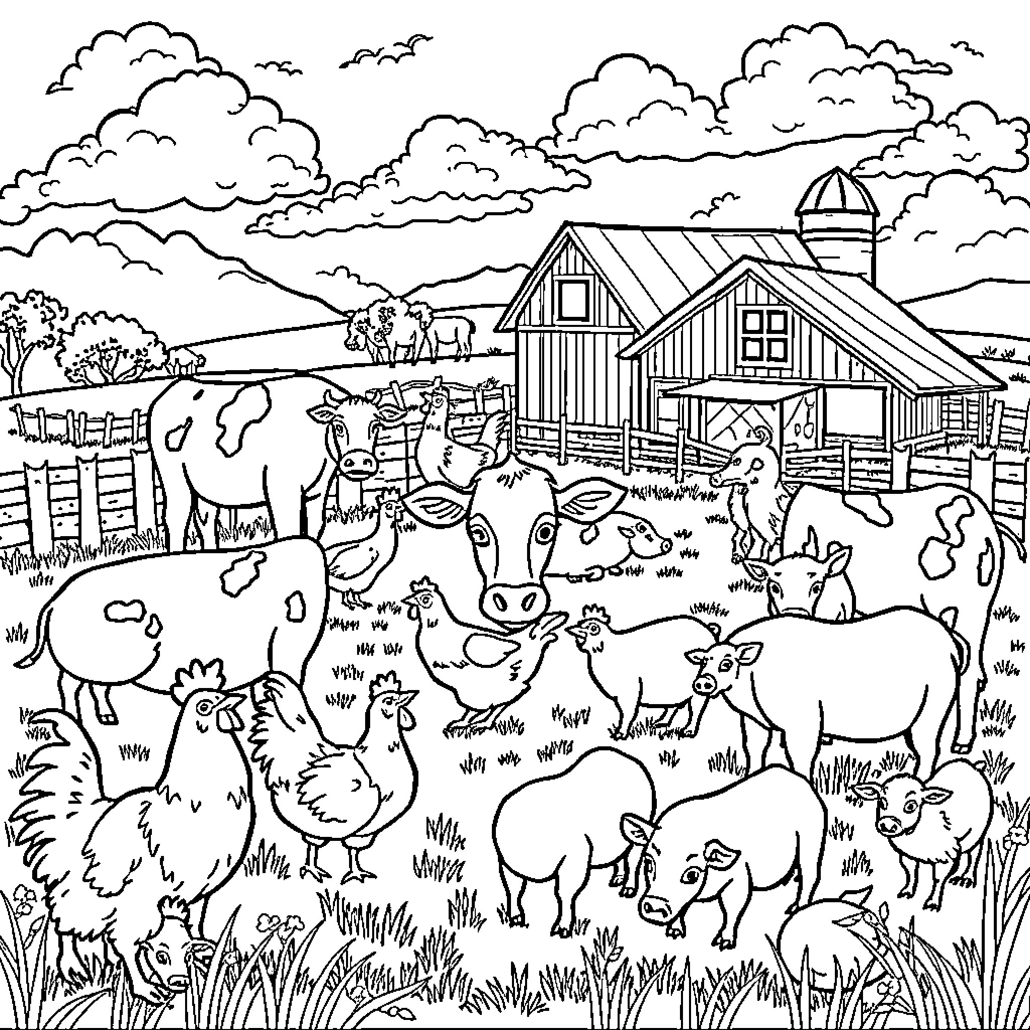 Farm Animal Harmony in the Countryside Coloring Page (free black-and-white line drawing printable PDF for all, from beginners to advanced learners, including children, teens, adults, and seniors)