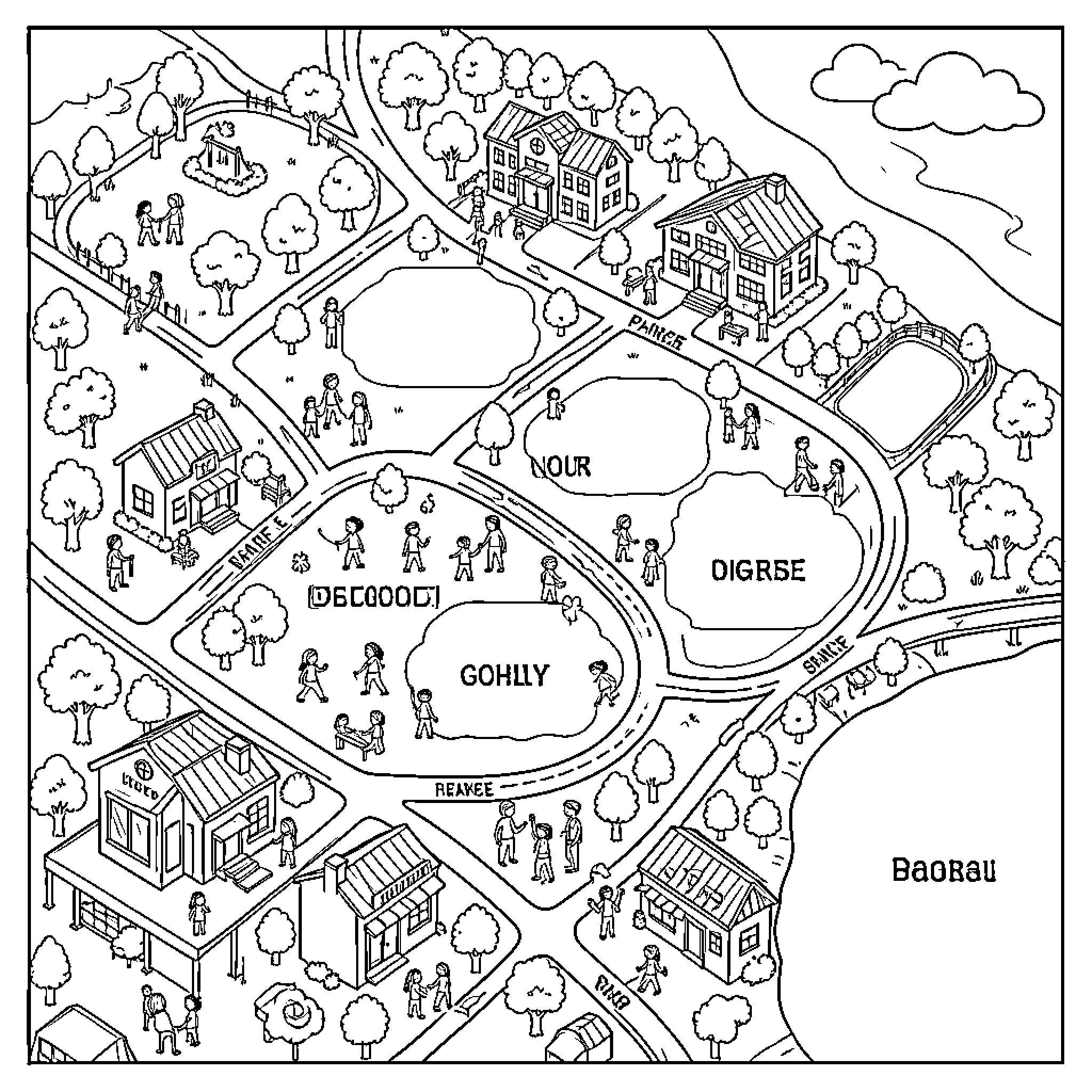Map of a quaint village with people and buildings Coloring Page (free black-and-white line drawing printable PDF for all, from beginners to advanced learners, including children, teens, adults, and seniors)