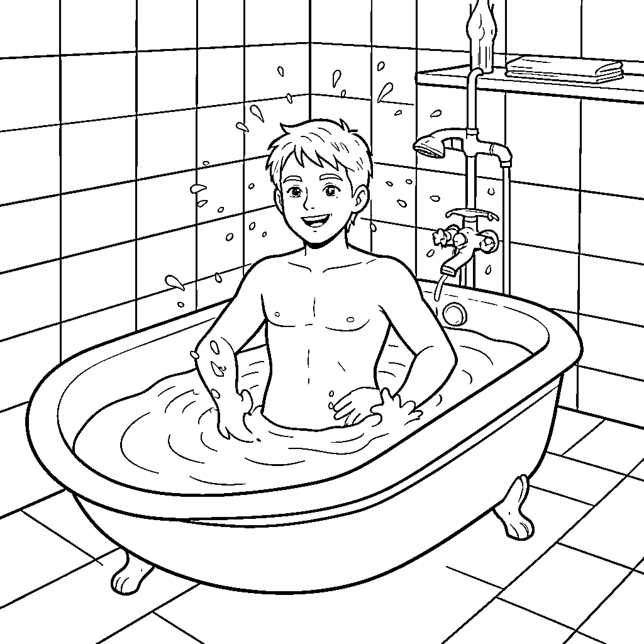 Spawn Enjoying a Relaxing Bath Coloring Page (free black-and-white line drawing printable PDF for all, from beginners to advanced learners, including children, teens, adults, and seniors)