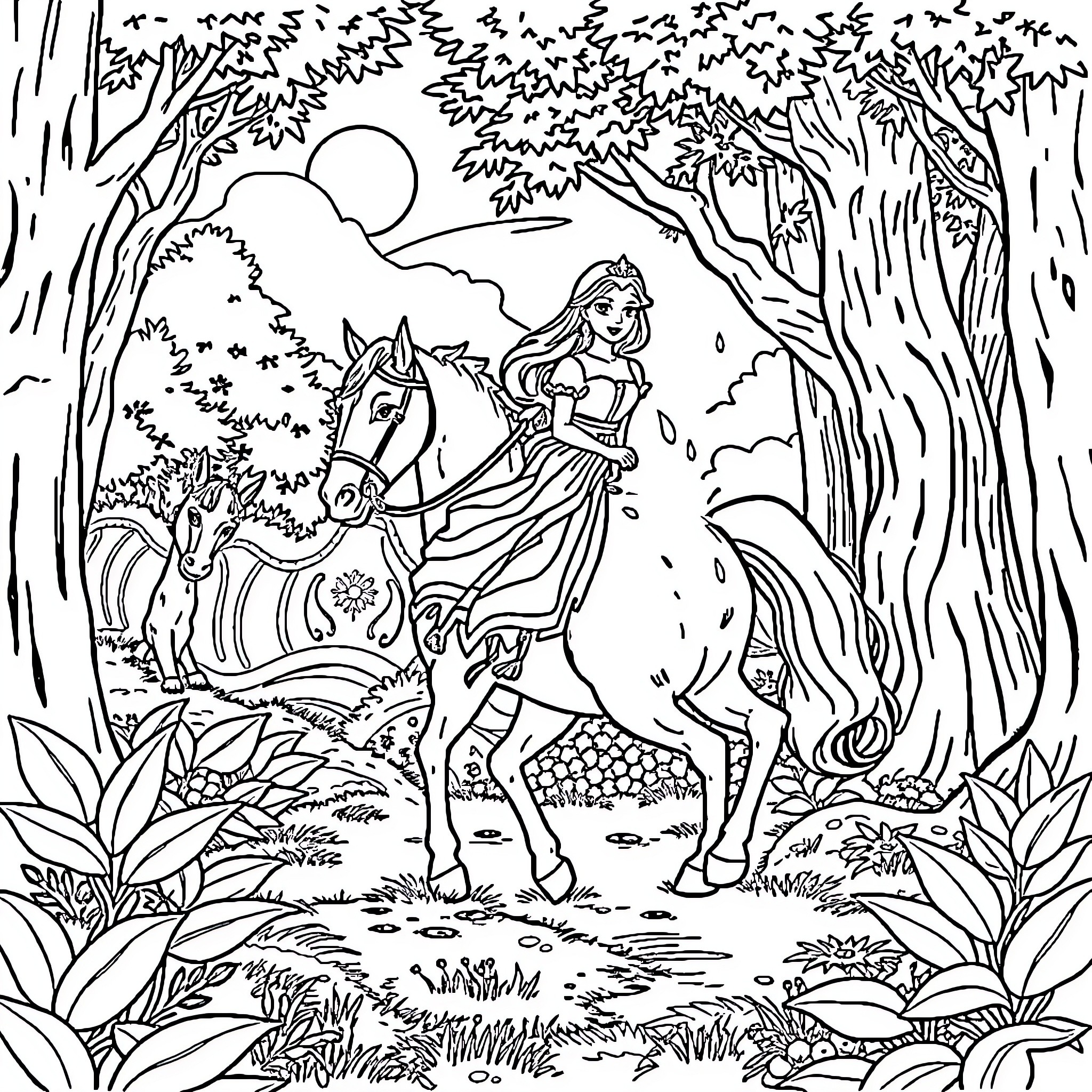Princess Riding Horse Through Enchanted Forest Coloring Page (free black-and-white line drawing printable PDF for all, from beginners to advanced learners, including children, teens, adults, and seniors)