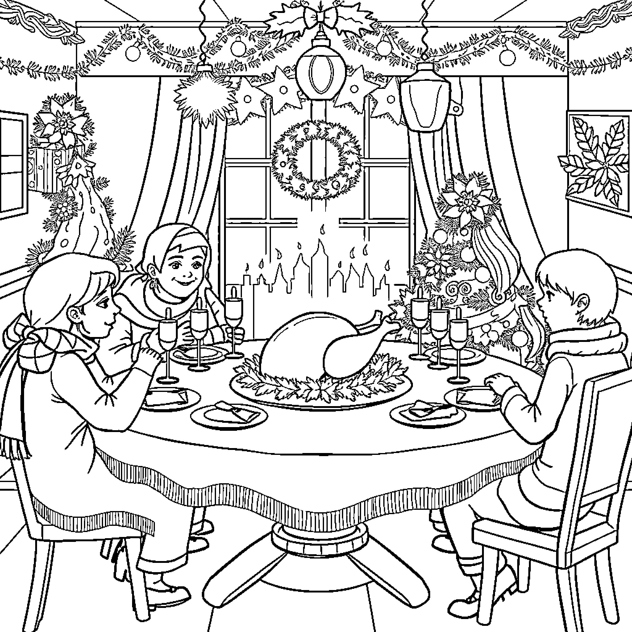 Family Celebrating Christmas Together Around the Table Coloring Page (free black-and-white line drawing printable PDF for all, from beginners to advanced learners, including children, teens, adults, and seniors)
