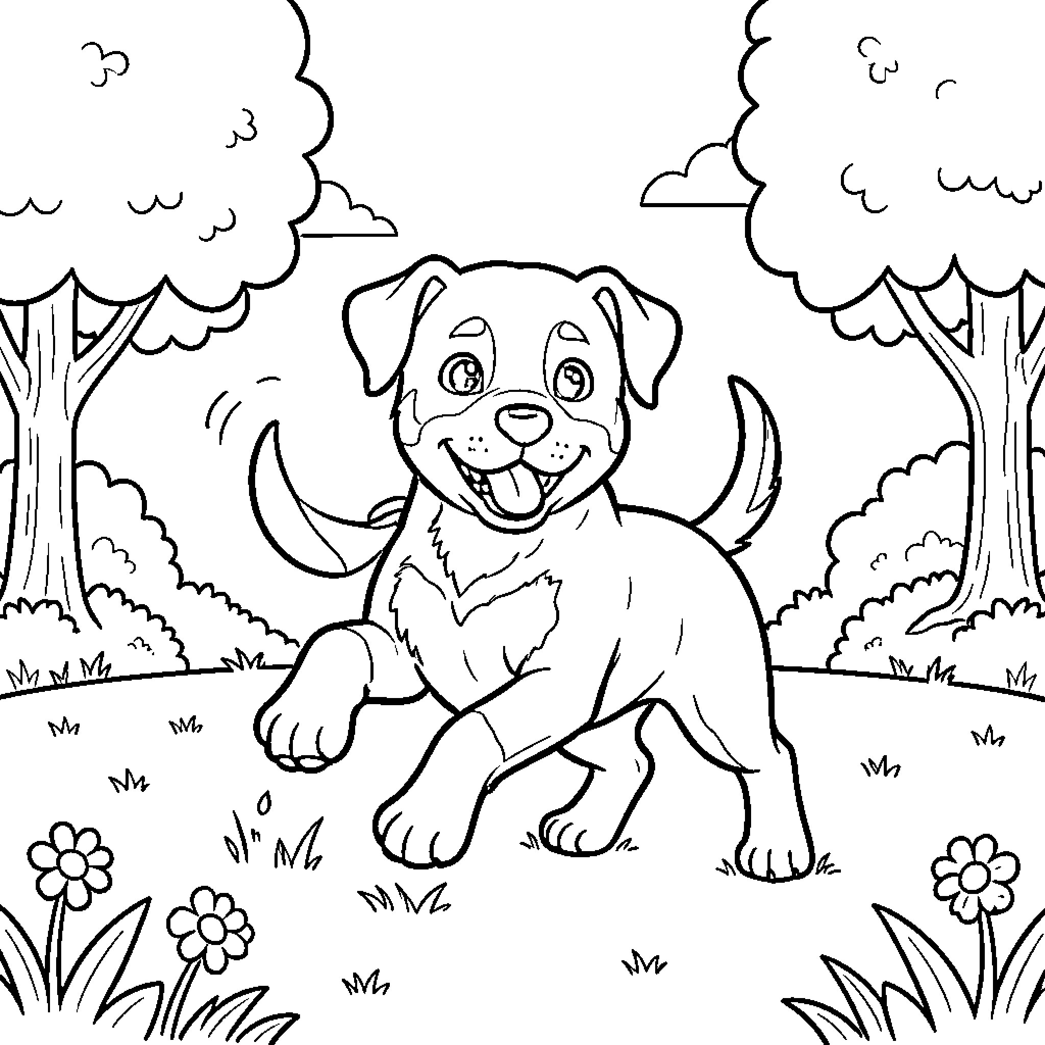 Rottweiler playing happily in nature Coloring Page (free black-and-white line drawing printable PDF for all, from beginners to advanced learners, including children, teens, adults, and seniors)