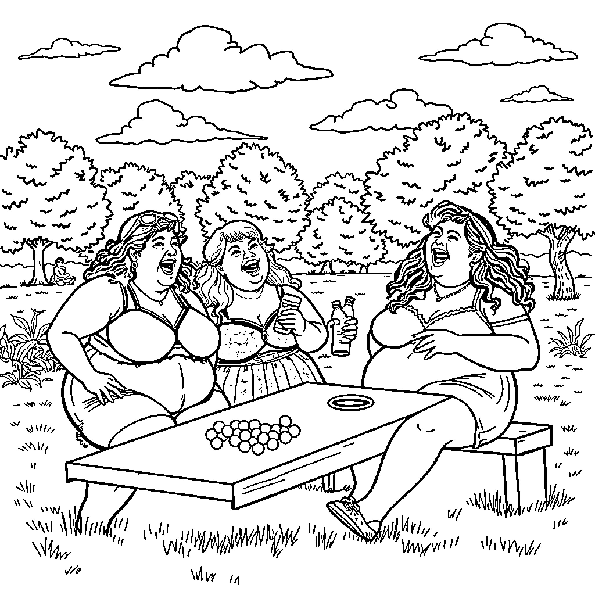 Women enjoying a picnic outdoors in nature Coloring Page (free black-and-white line drawing printable PDF for all, from beginners to advanced learners, including children, teens, adults, and seniors)