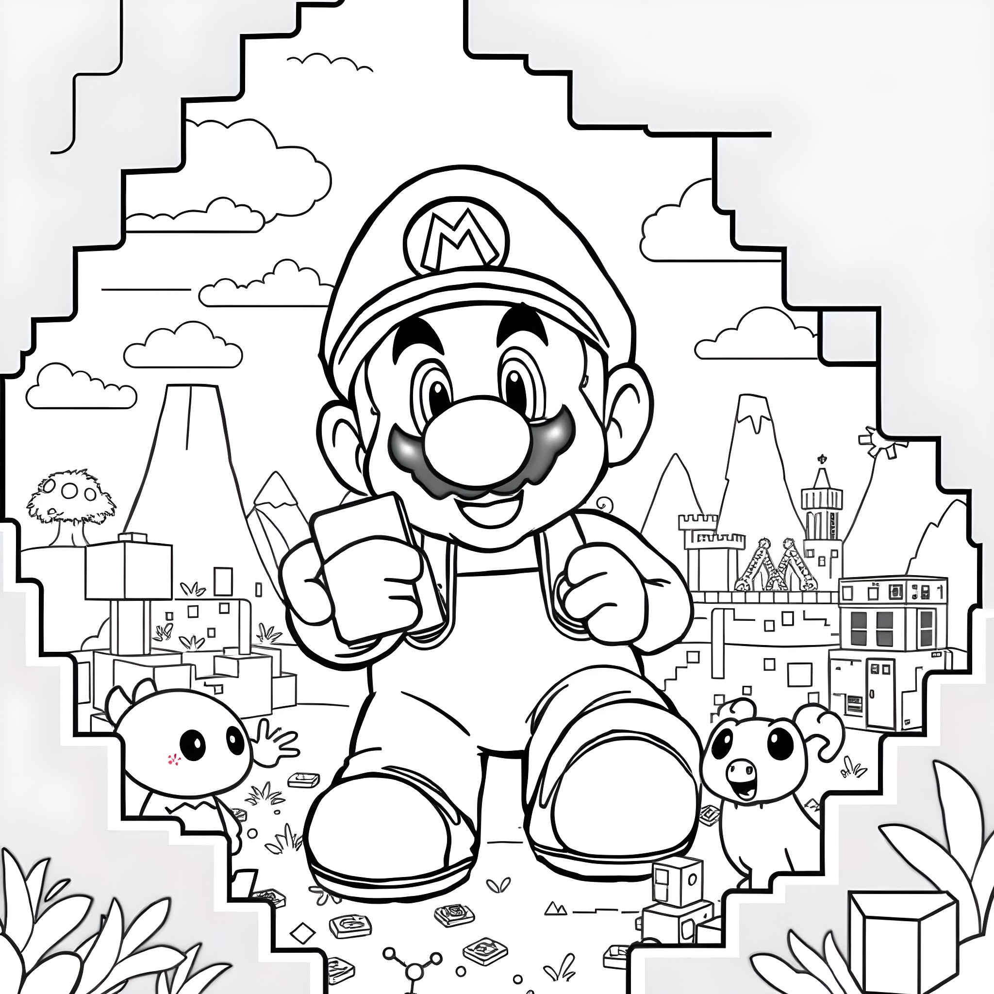Mario's Fantastical Adventure in the Cityscape Coloring Page (free black-and-white line drawing printable PDF for all, from beginners to advanced learners, including children, teens, adults, and seniors)