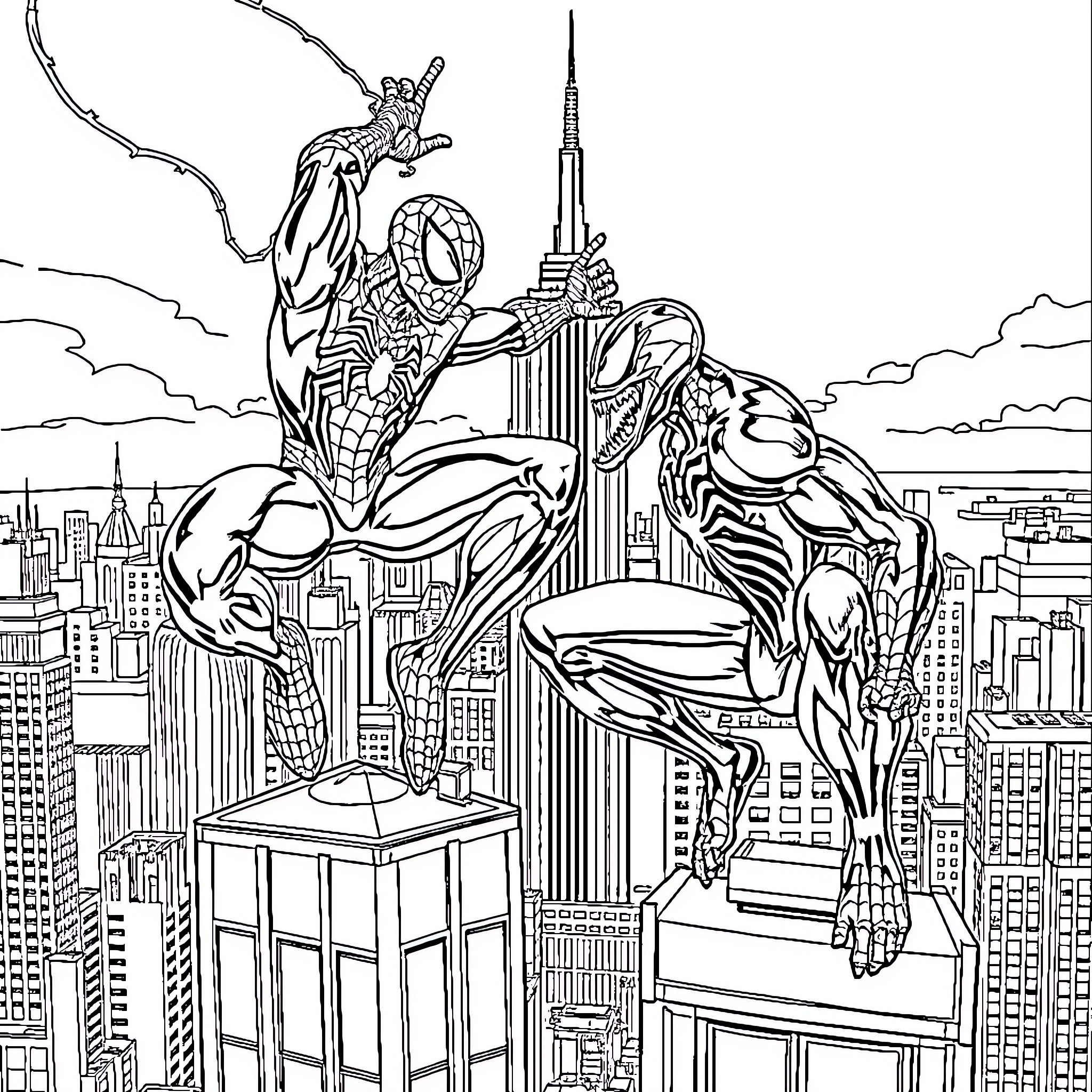Spider-Man swinging over the city skyline Coloring Page (free black-and-white line drawing printable PDF for all, from beginners to advanced learners, including children, teens, adults, and seniors)