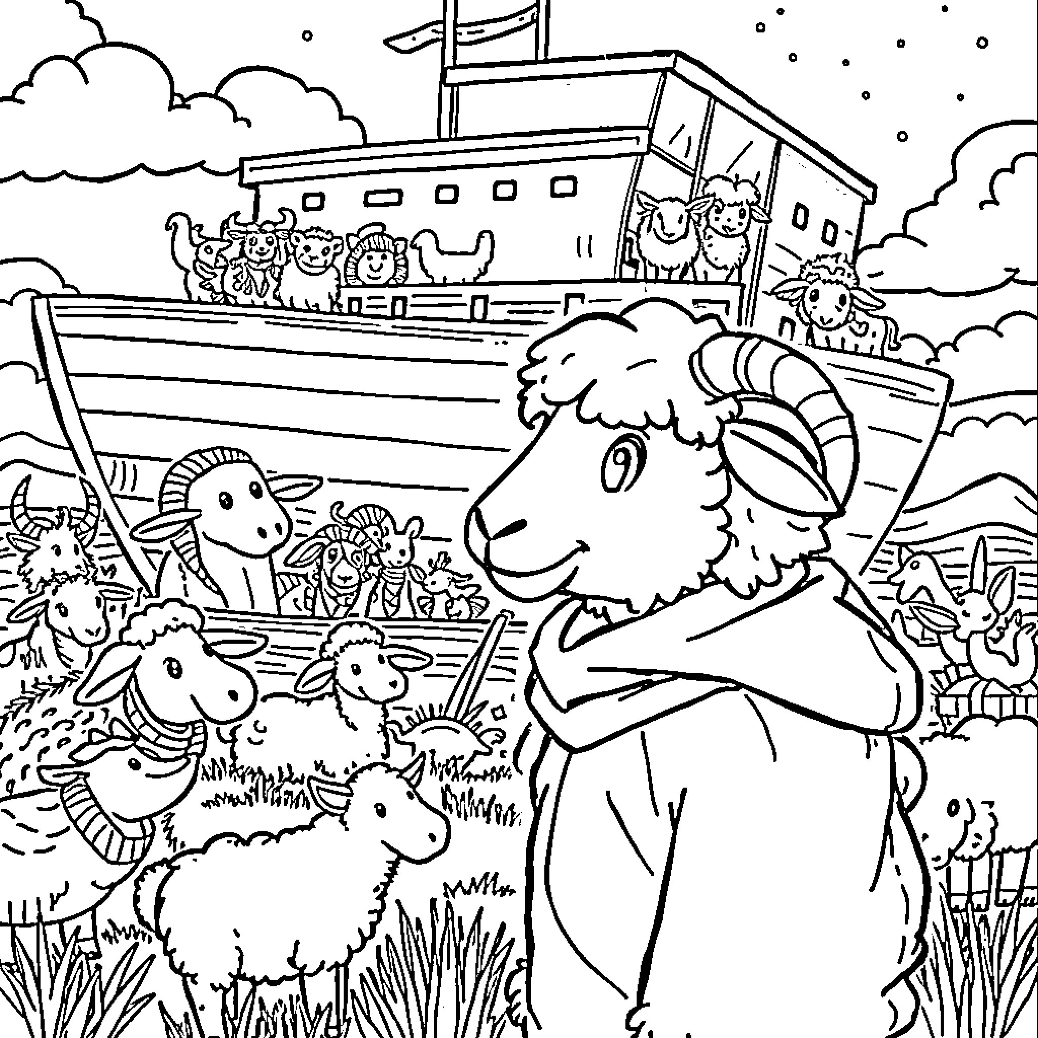 Sheep traveling on a boat with animals Coloring Page (free black-and-white line drawing printable PDF for all, from beginners to advanced learners, including children, teens, adults, and seniors)