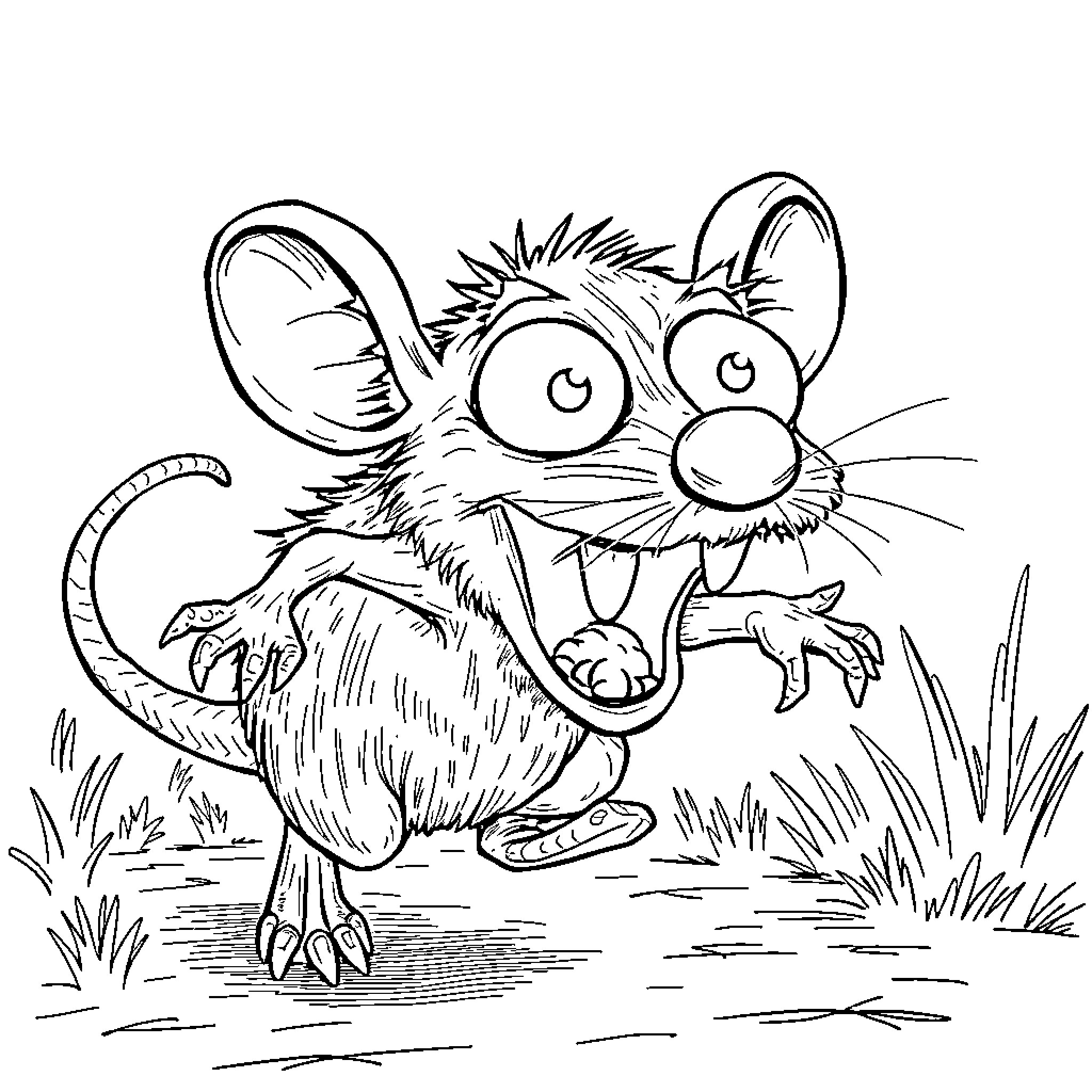 Rat exploring the outdoors with a goofy expression Coloring Page (free black-and-white line drawing printable PDF for all, from beginners to advanced learners, including children, teens, adults, and seniors)