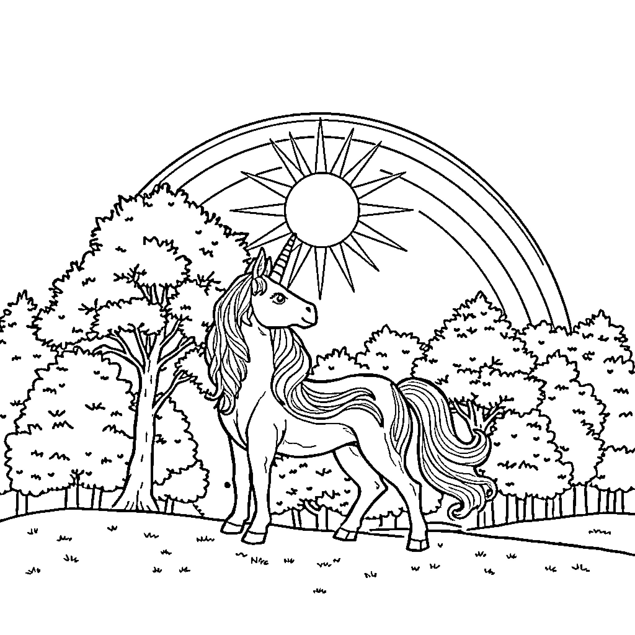 Unicorn standing proudly in enchanted forest Coloring Page (free black-and-white line drawing printable PDF for all, from beginners to advanced learners, including children, teens, adults, and seniors)