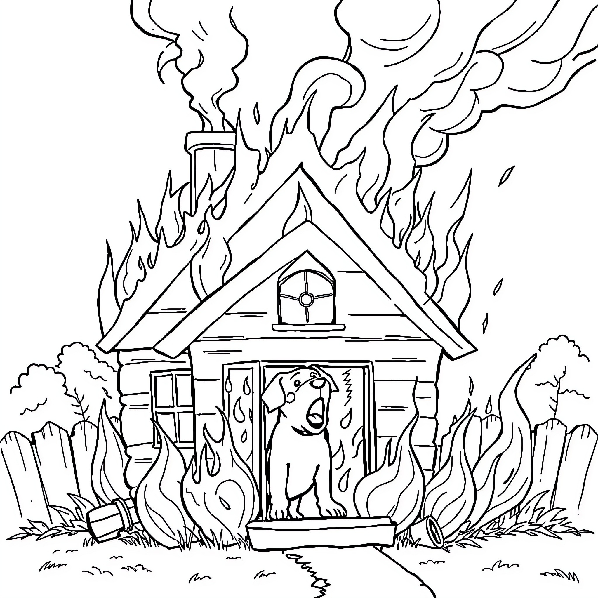 House on fire with dog escaping the flames Coloring Page (free black-and-white line drawing printable PDF for all, from beginners to advanced learners, including children, teens, adults, and seniors)